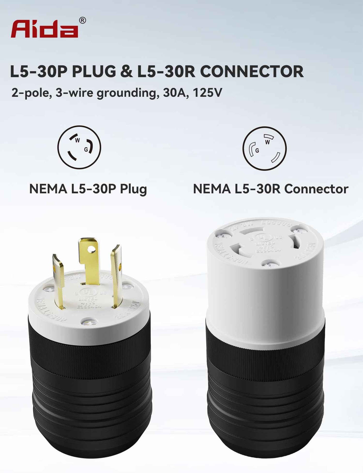 AIDA NEMA L5-30P & NEMA L5-30R Locking Plug and Connector, Twist Generator Male and Female Adapter, 30 Amp, 125Volt, 2-Pole 3-Wire Grounding, Industrial-Strength Heavy Duty, UL Listed