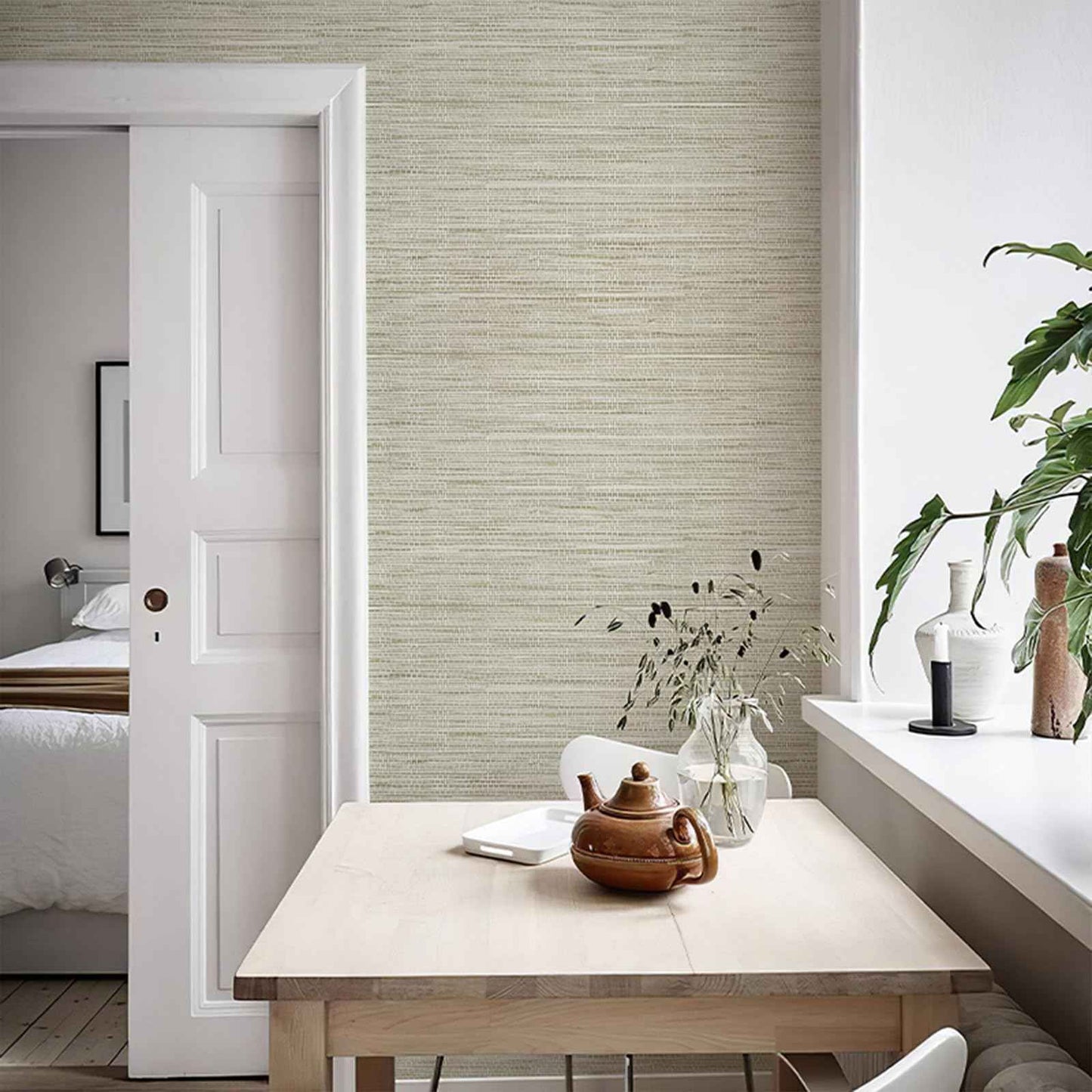 HueBurst Grasscloth Peel and Stick Wallpaper 17.3" x 197" Renter Friendly, Cream Textured Grassweave Wallpaper Self Adhesive Removable for Bathroom Bedroom