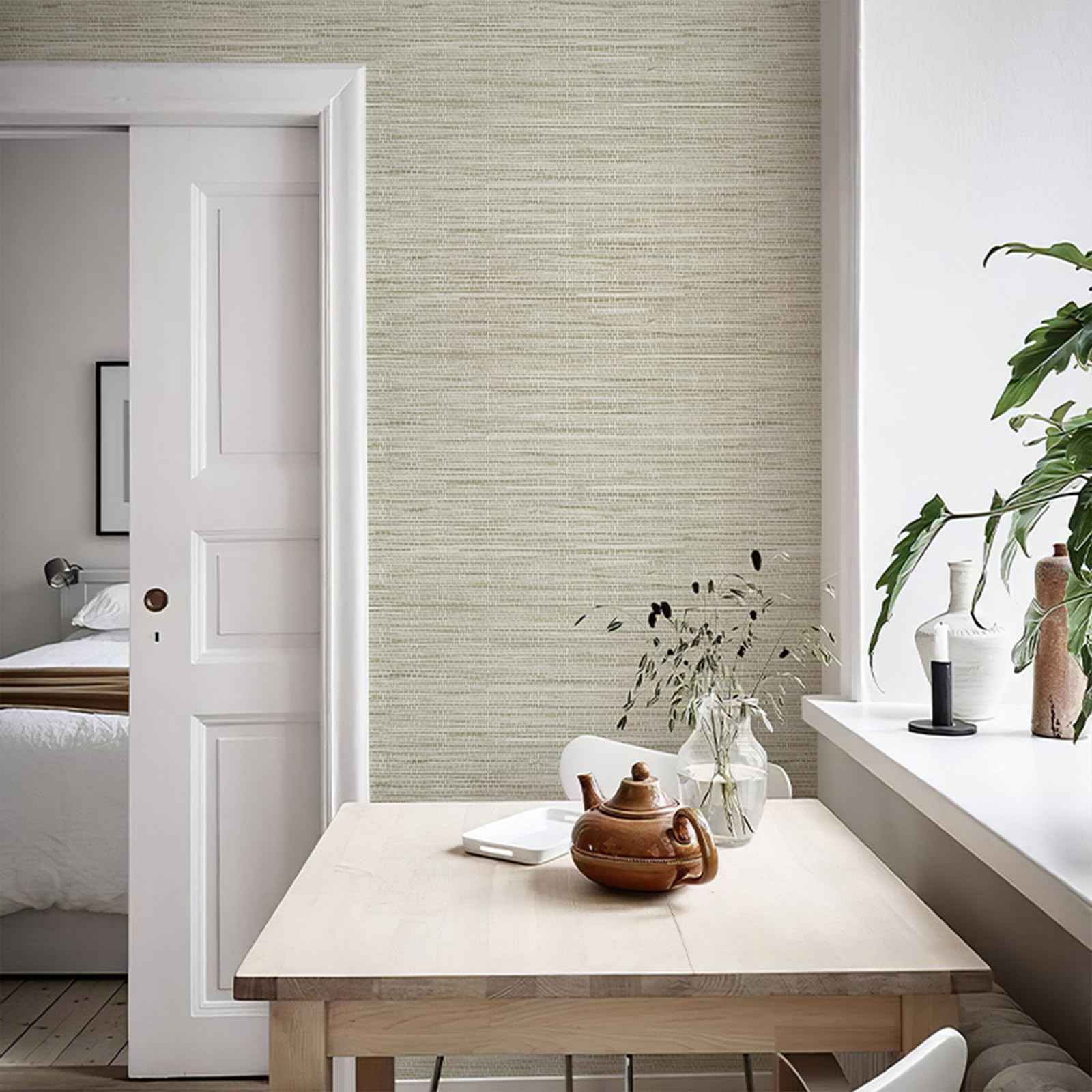 HueBurst Grasscloth Peel and Stick Wallpaper 17.3" x 197" Renter Friendly, Cream Textured Grassweave Wallpaper Self Adhesive Removable for Bathroom Bedroom