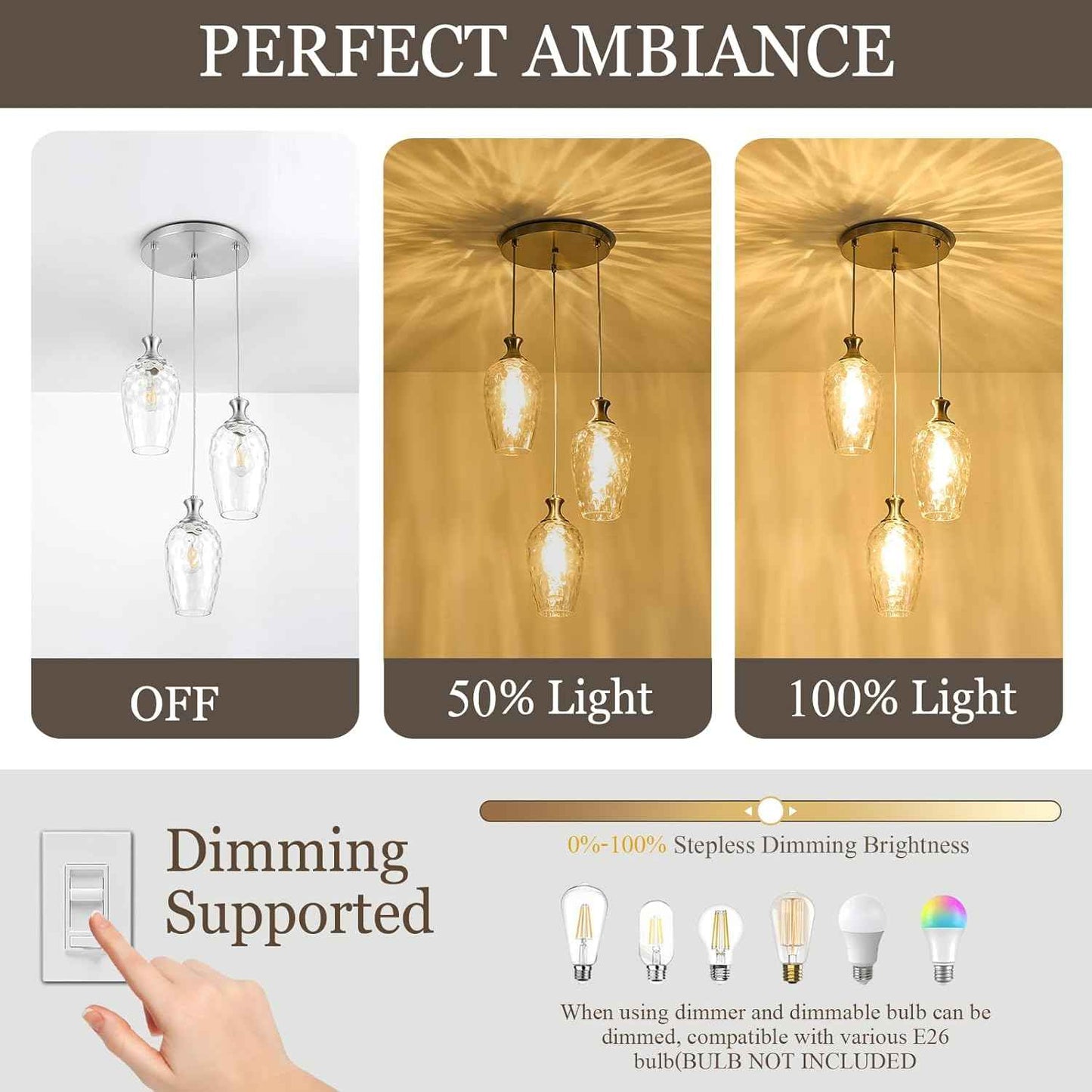 Brushed Nickel Glass Pendant Light Fixture - Modern 1-Light Hanging Lamp for Kitchen Island & Dining Room