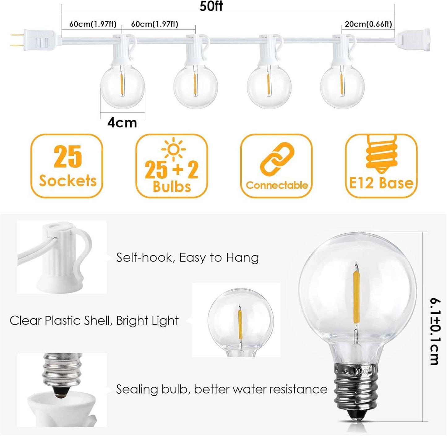 Outdoor String Lights 100FT - G40 Globe Patio Lights with 54 Waterproof LED Bulbs - Black Wire