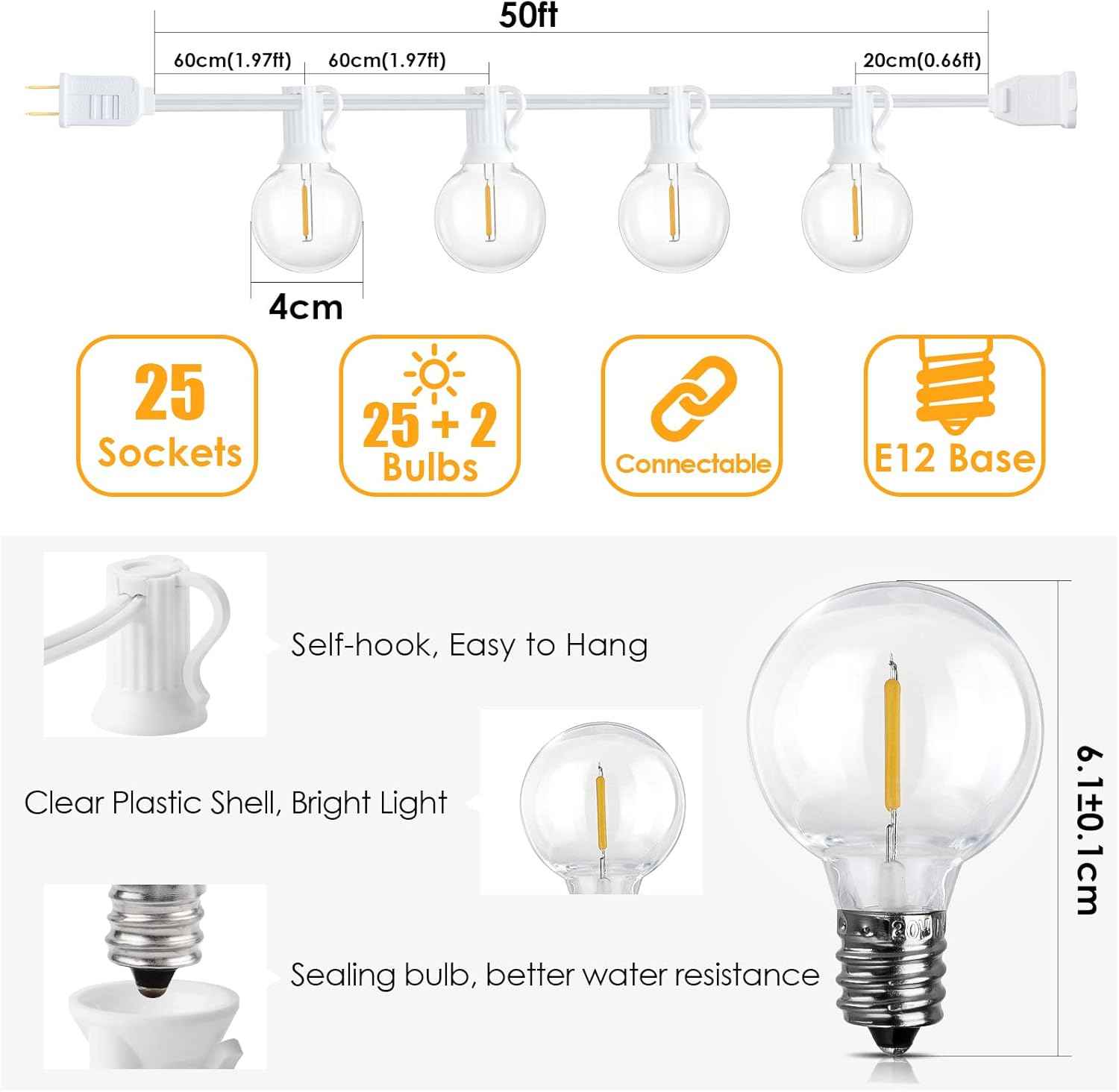 Outdoor String Lights 100FT - G40 Globe Patio Lights with 54 Waterproof LED Bulbs - Black Wire