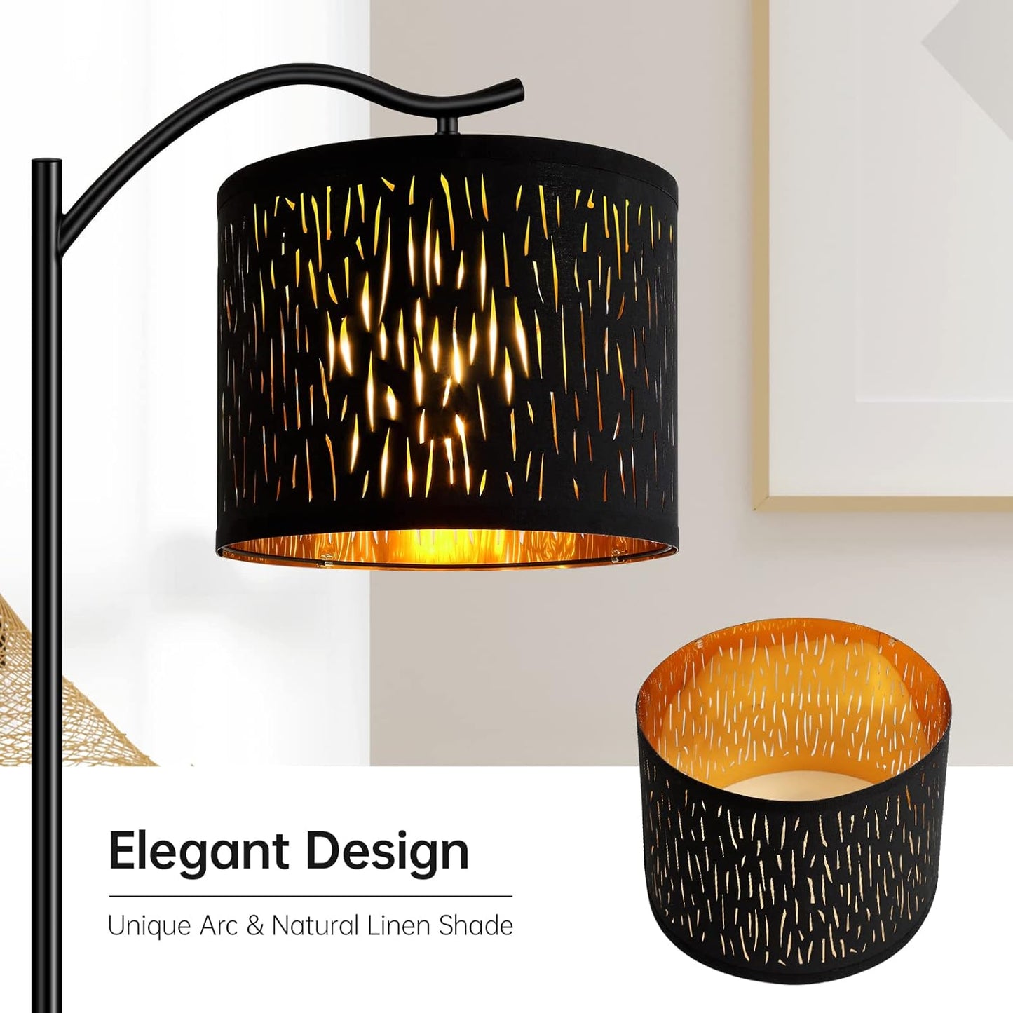 Modern LED Floor Lamp with Bohemian Linen Shade – Arched Tall Standing Light for Living Room & Bedroom