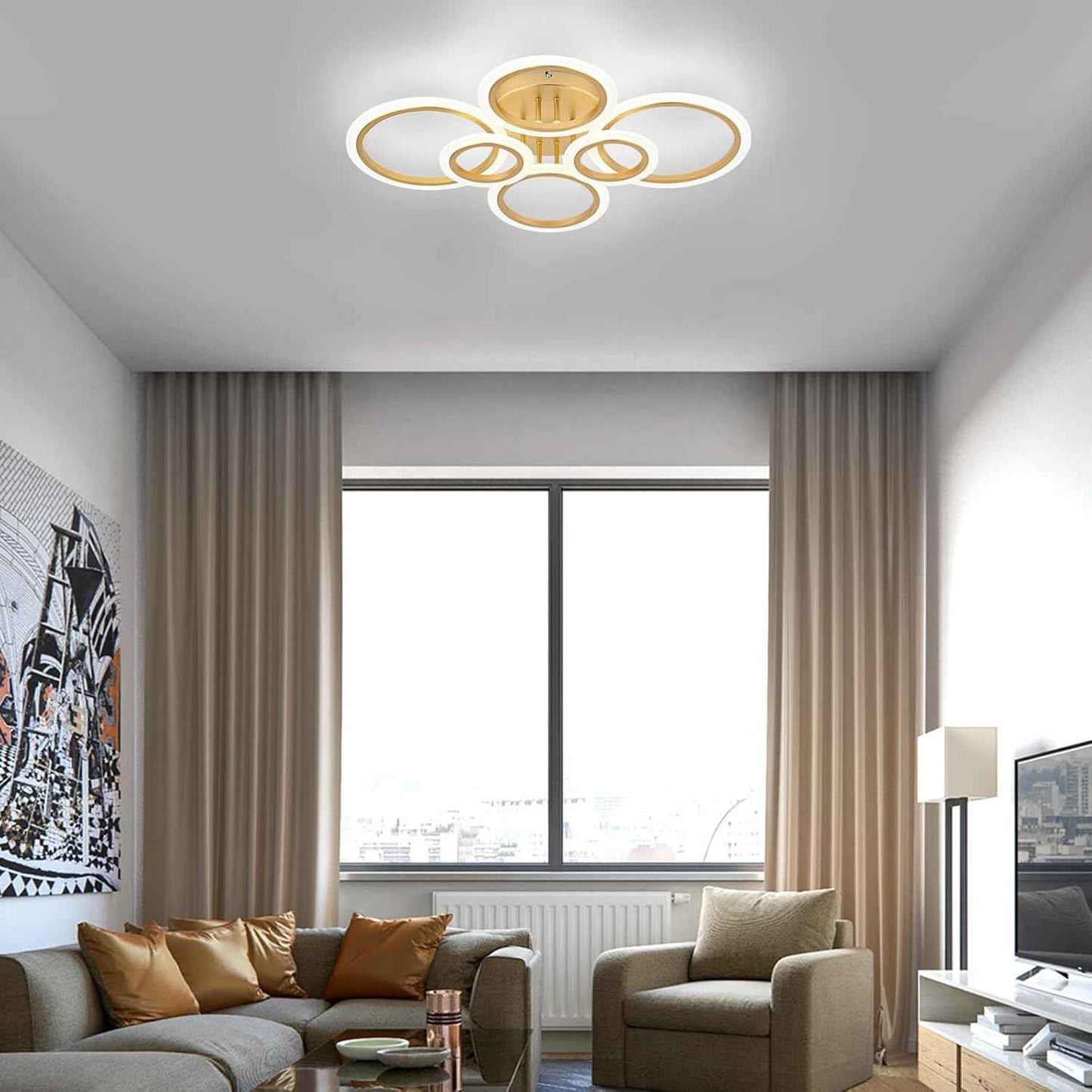 Modern LED Flush Mount Ceiling Light - 4 Rings 4000K Fixture for Kitchen & Living Room