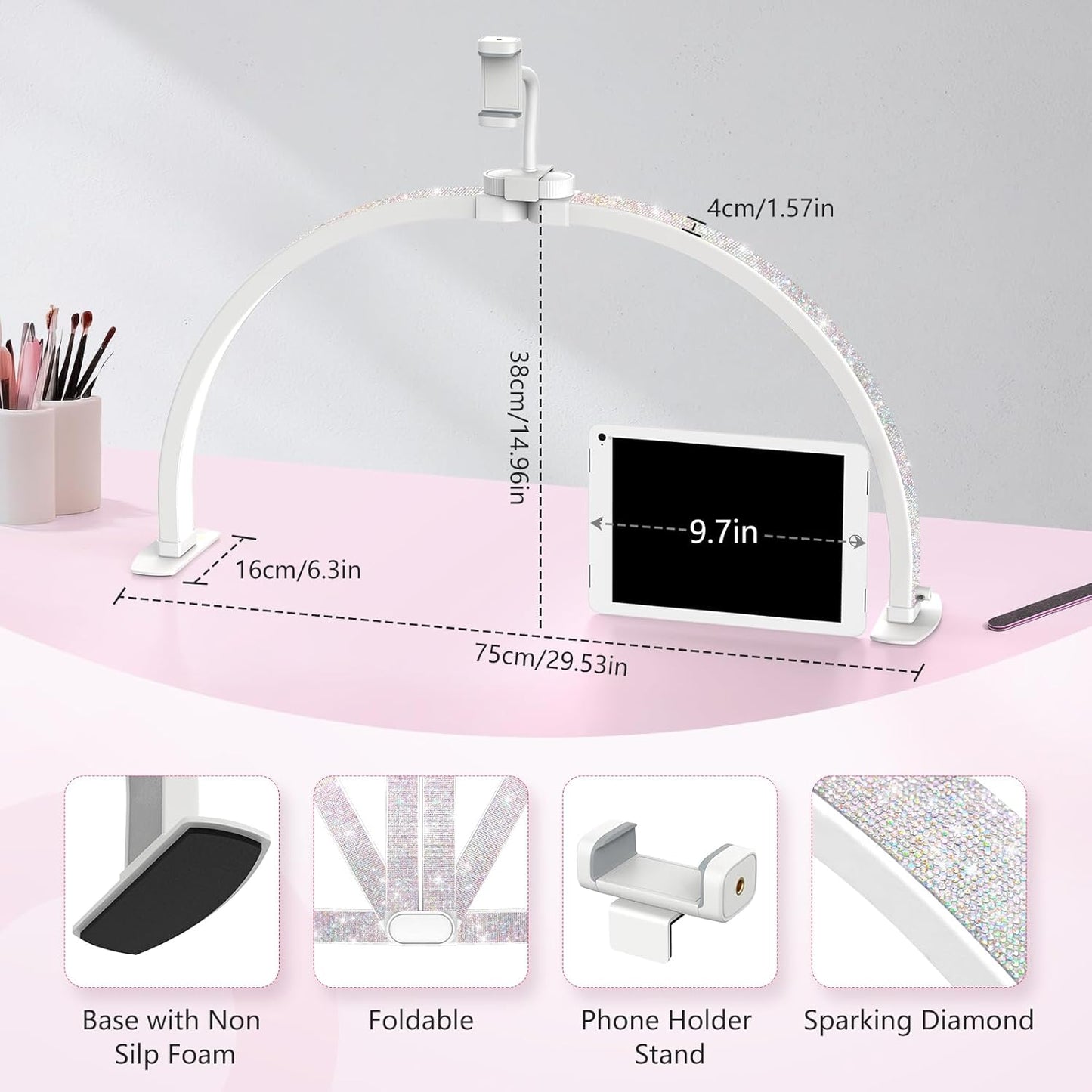 Yokilly Foldable Half Moon Nail Desk Lamp with Phone Holder - 3 Color Modes & 10 Brightness Levels for Manicure Salon