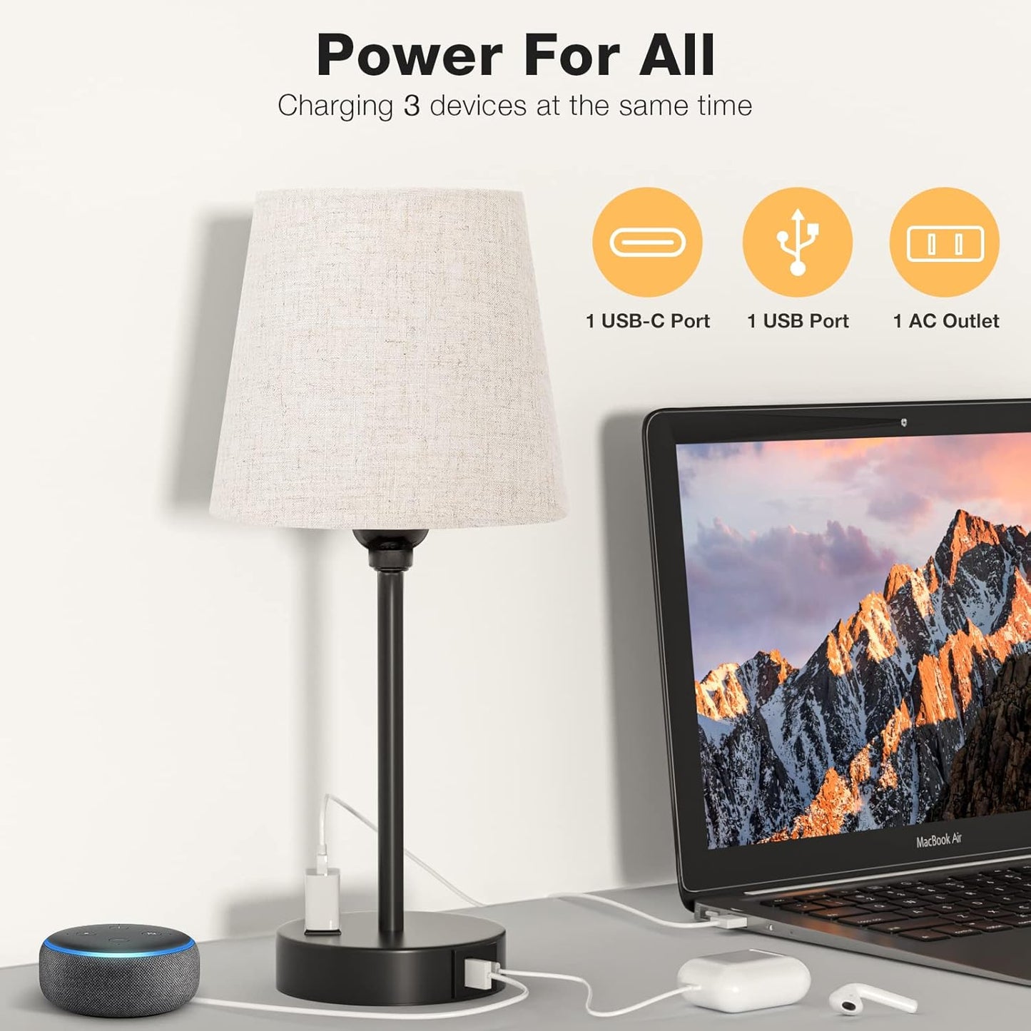 Set of 2 Mini Bedside Lamps with USB-C & AC Outlet - Dimmable Touch Nightstand Lights for Bedrooms