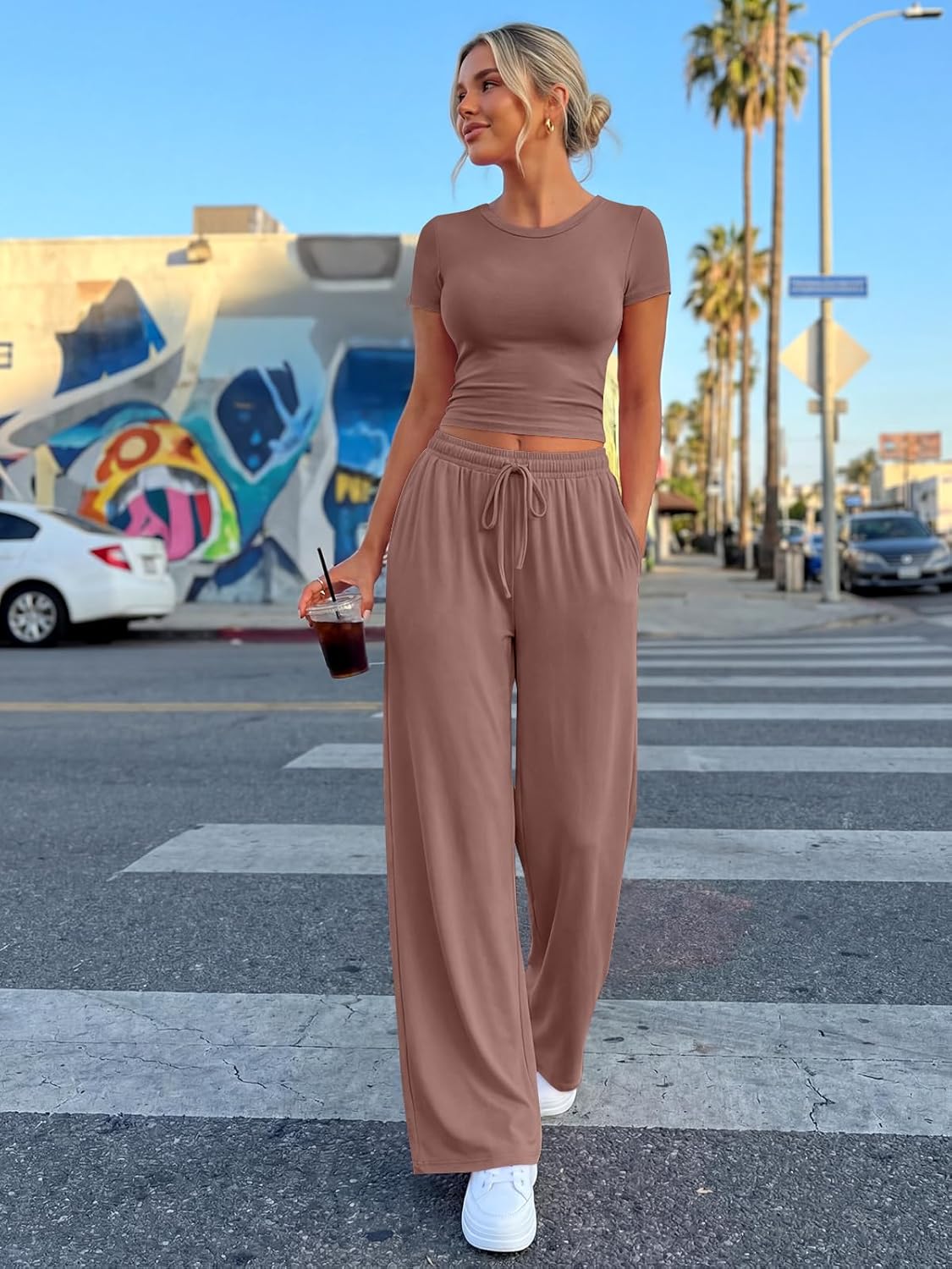 Trendy Queen 2 Piece Summer Lounge Set - Women's Side Ruching Top & Wide Leg Pants with Pockets