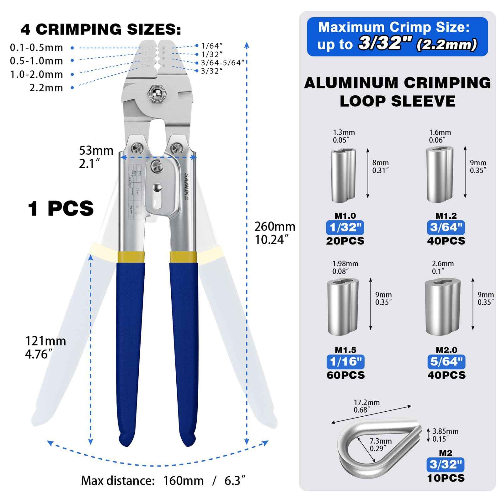 Sanuke Wire Rope Crimping Swaging Tool Cable Crimps up to 2.2mm(2/32inch) with 160pcs 4sizes Aluminum Double Barrel Ferrule Loop Sleeve and 10pcs Stainless Steel Thimble Assortment Kit