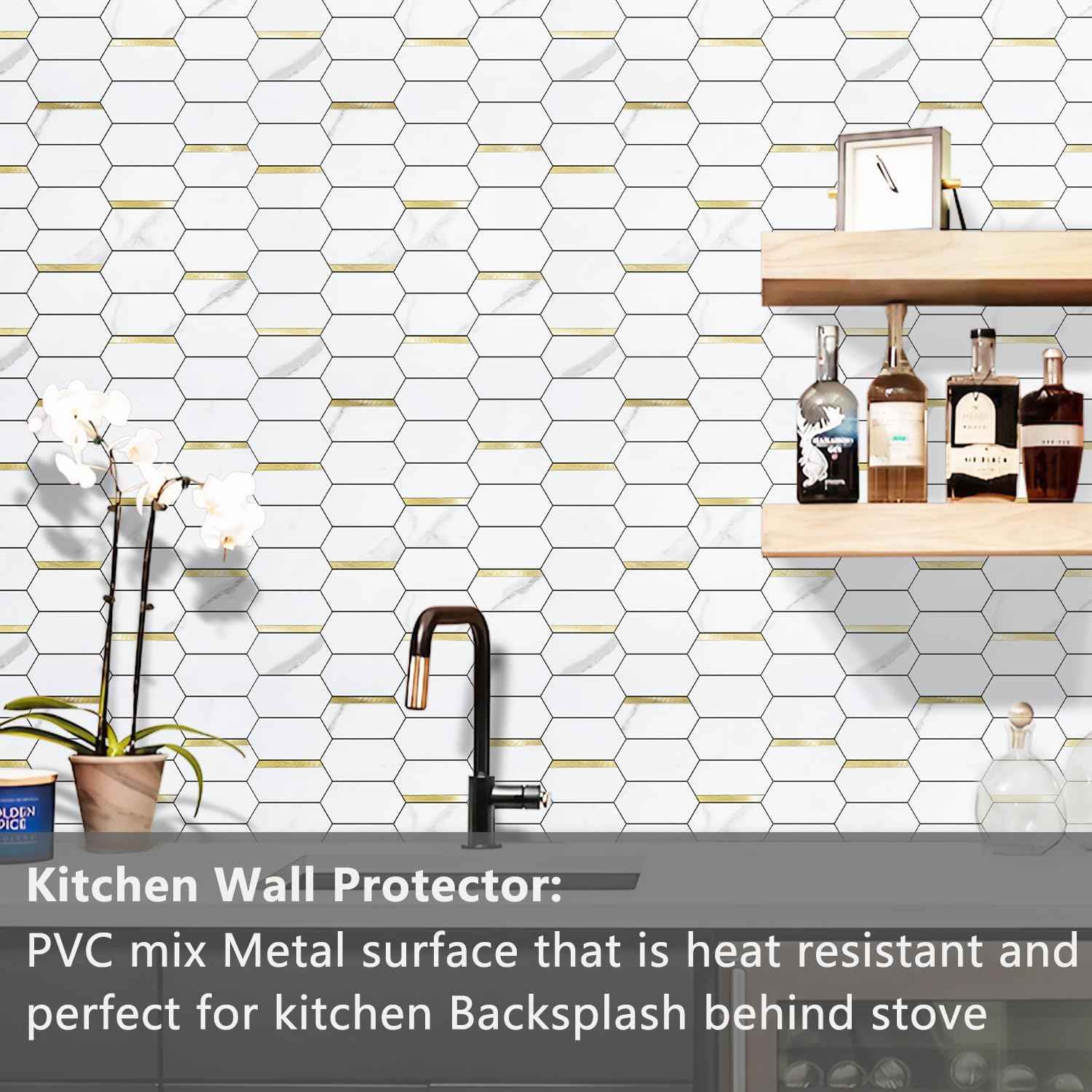 Glossy Wood Grain Peel and Stick Backsplash Tile - 10 Sheets Hexagon Mosaic for Kitchen & Bathroom, 12.4 x 12 Inch