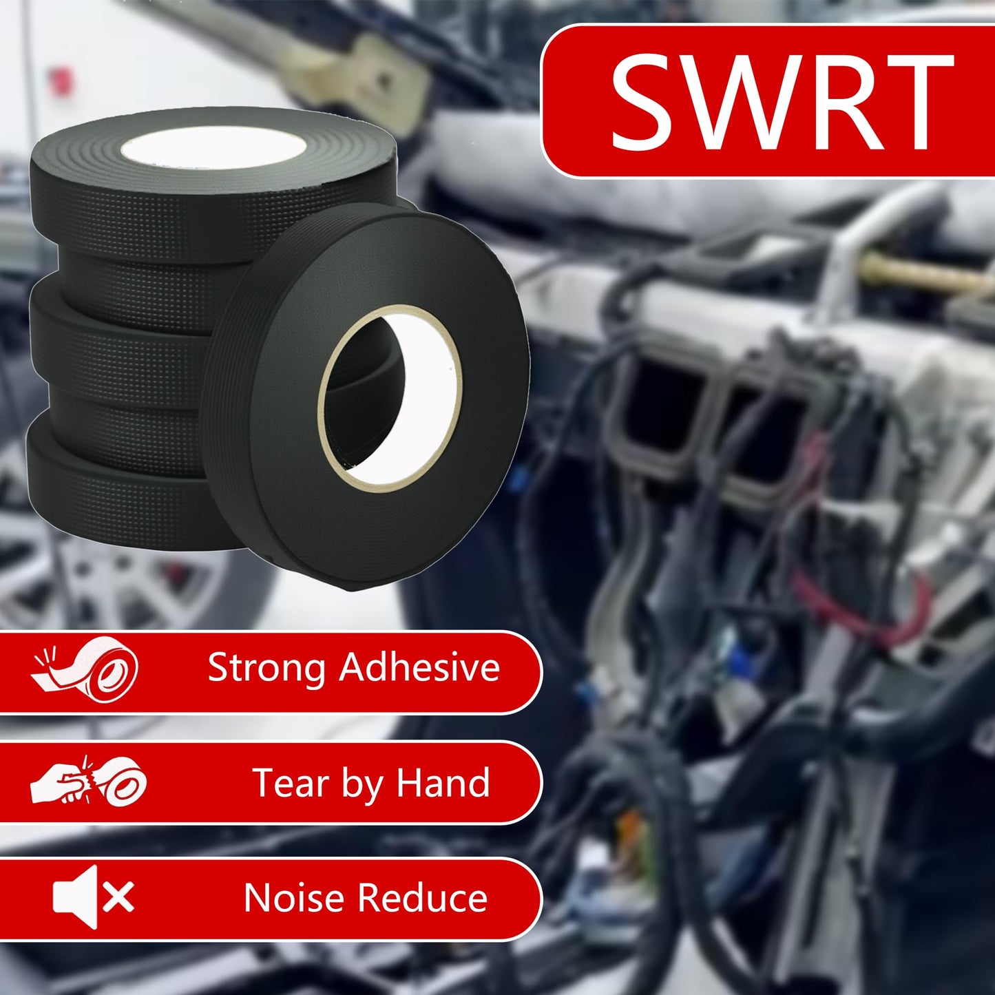 SWRT Wire Harness Tape, 3/4 Inch × 50 Feet, 6 Packs (300 Feet Total), Self-Adhesive Black Cloth Electrical Tape for Automotive Use, High Temperature Resistance Felt Tape.