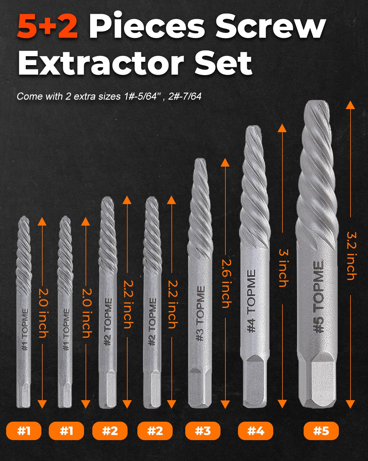 TOPME Screw Extractor Set, 7PCS Easy Out Screw Extractor Set, Stripped Screw Extractor for Removing Damaged Screws, Broken Bolts, Studs