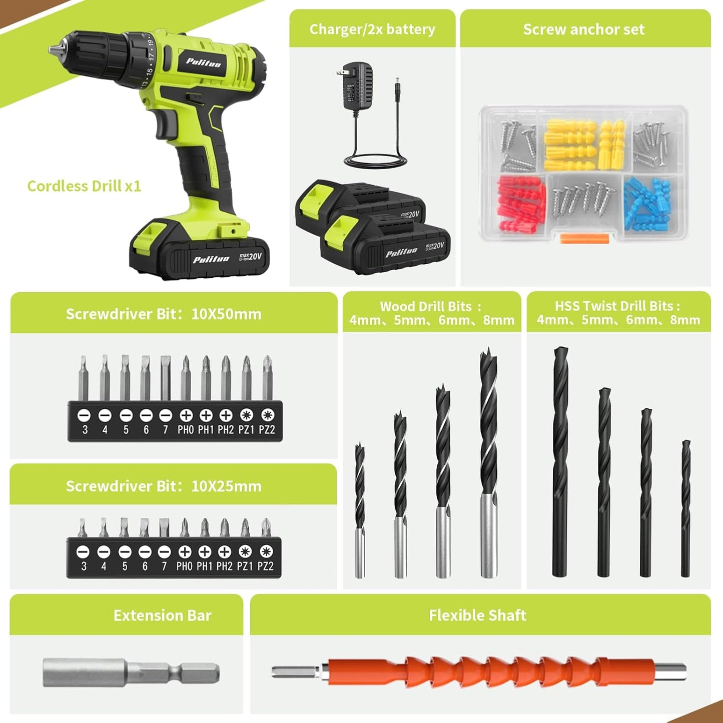 20V Cordless Drill/Driver Kit with 2 Batteries, 30Nm Torque & LED Light - PULITUO