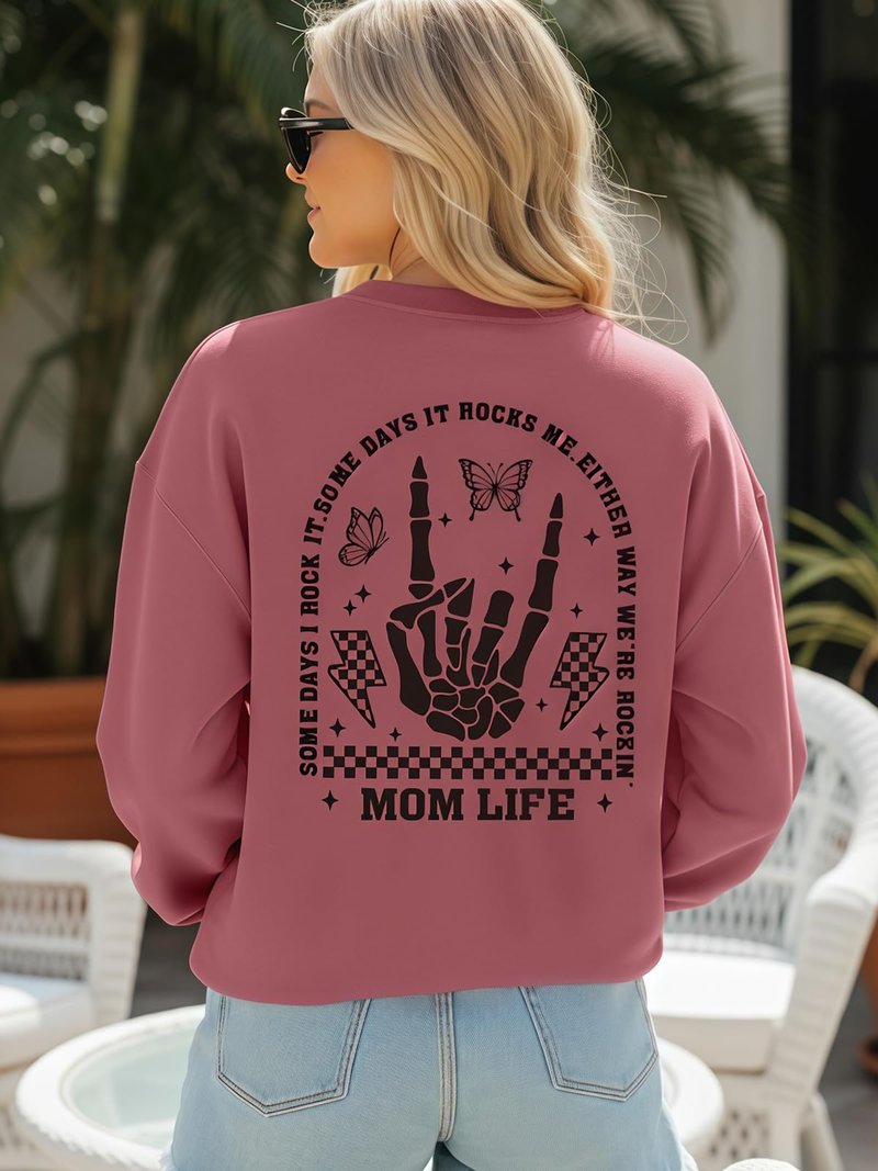 YHHR Mama Sweatshirts Mom Life Crewneck Sweatshirts Funny Mama Halloween Skeleton Rocker Graphic Sweatshirts Pullover Top Rose