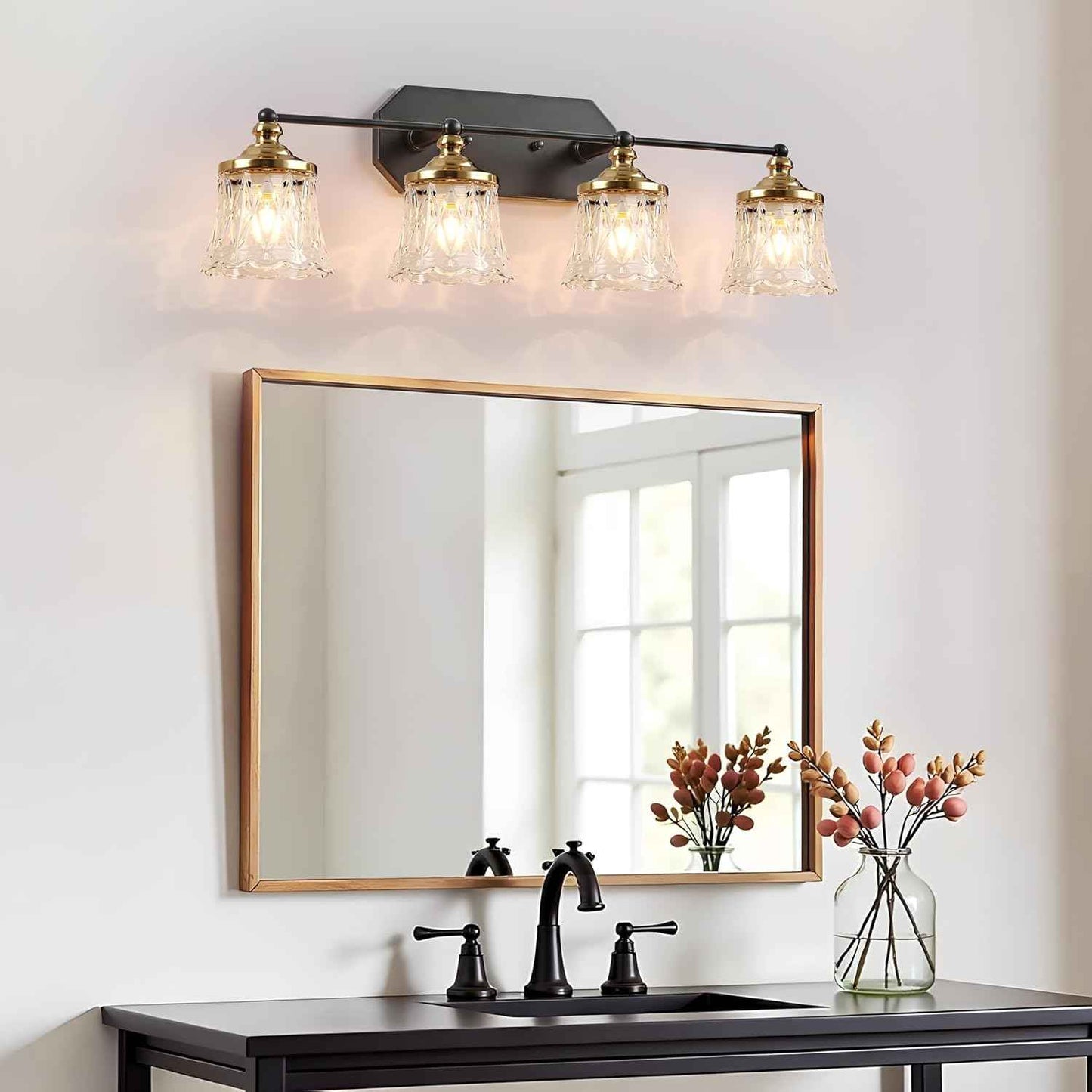 3-Light Vintage Bathroom Vanity Light Fixture - Black & Gold Antique Design with Crystal Glass Shade