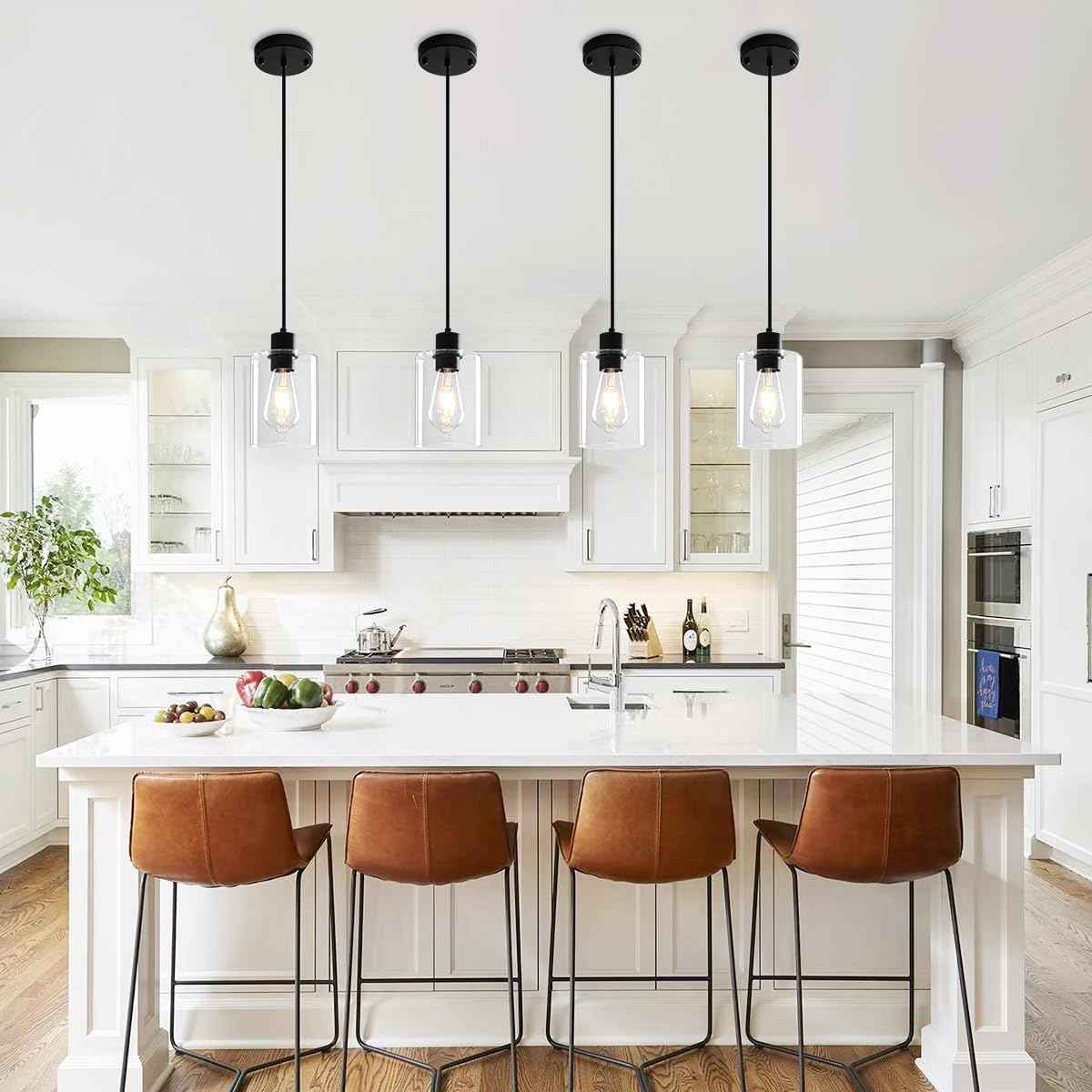 Modern Black Pendant Lights for Kitchen Island - 3 Pack Glass Hanging Fixtures