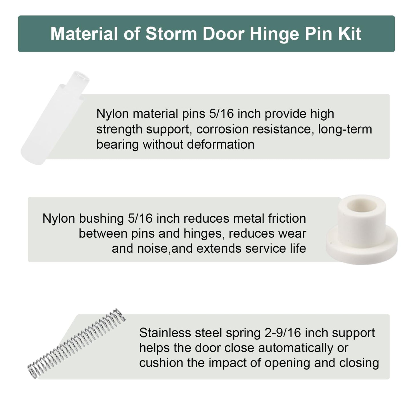 Storm Screen Door Hinge Pin Kit K 5131 Compatible with Prime-Line, Storm Door Repair Replacement Parts - 2-9/16 Inch Steel Springs, 5/16 Inch Nylon Pins and Bushings Fit for Emco/Andersen, 3 Sets