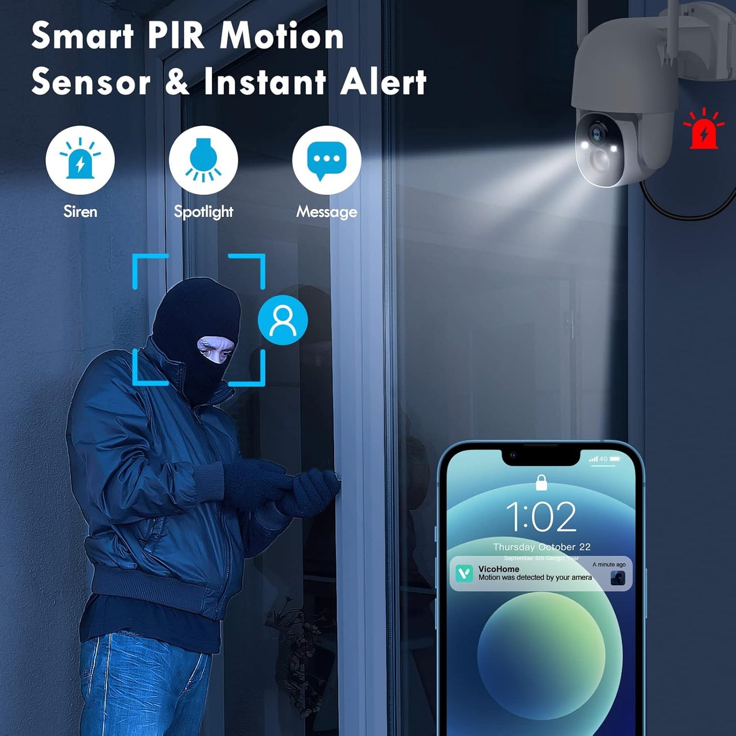 Wireless Solar Security Camera 3MP 2K FHD - 355° PTZ, Spotlight, Motion Detection, Color Night Vision