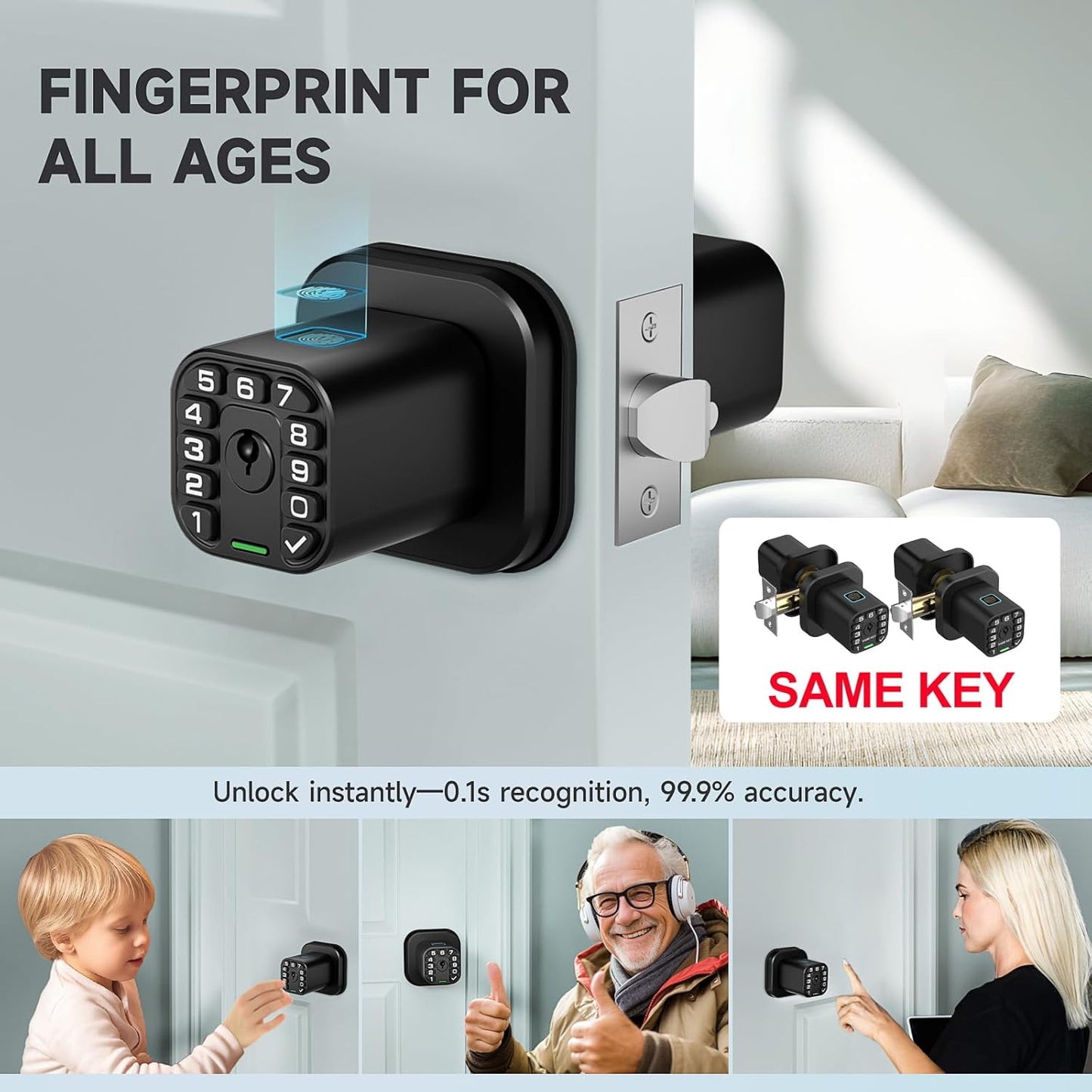 Smart Biometric Fingerprint Door Lock with Keypad - Keyless Entry, Waterproof, Auto Lock - Matte Black