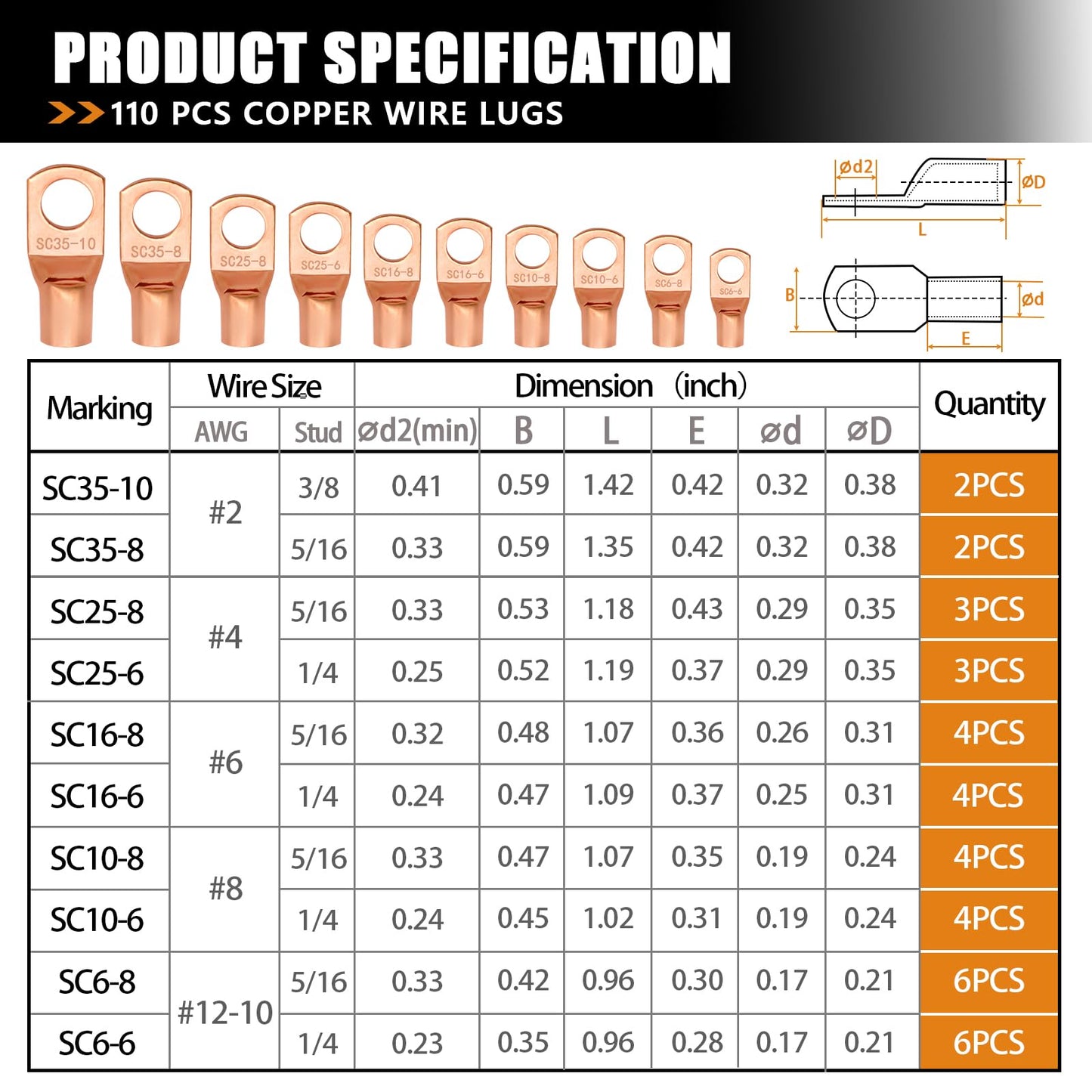 mankk 110PCS Copper Wire Lugs AWG 2 4 6 8 10 12 14 16 Gauge Battery Terminal Connectors Battery Cable Ends Connectors Copper Ring Terminal Kit with Heat Shrink M-167-110PCS-tbz
