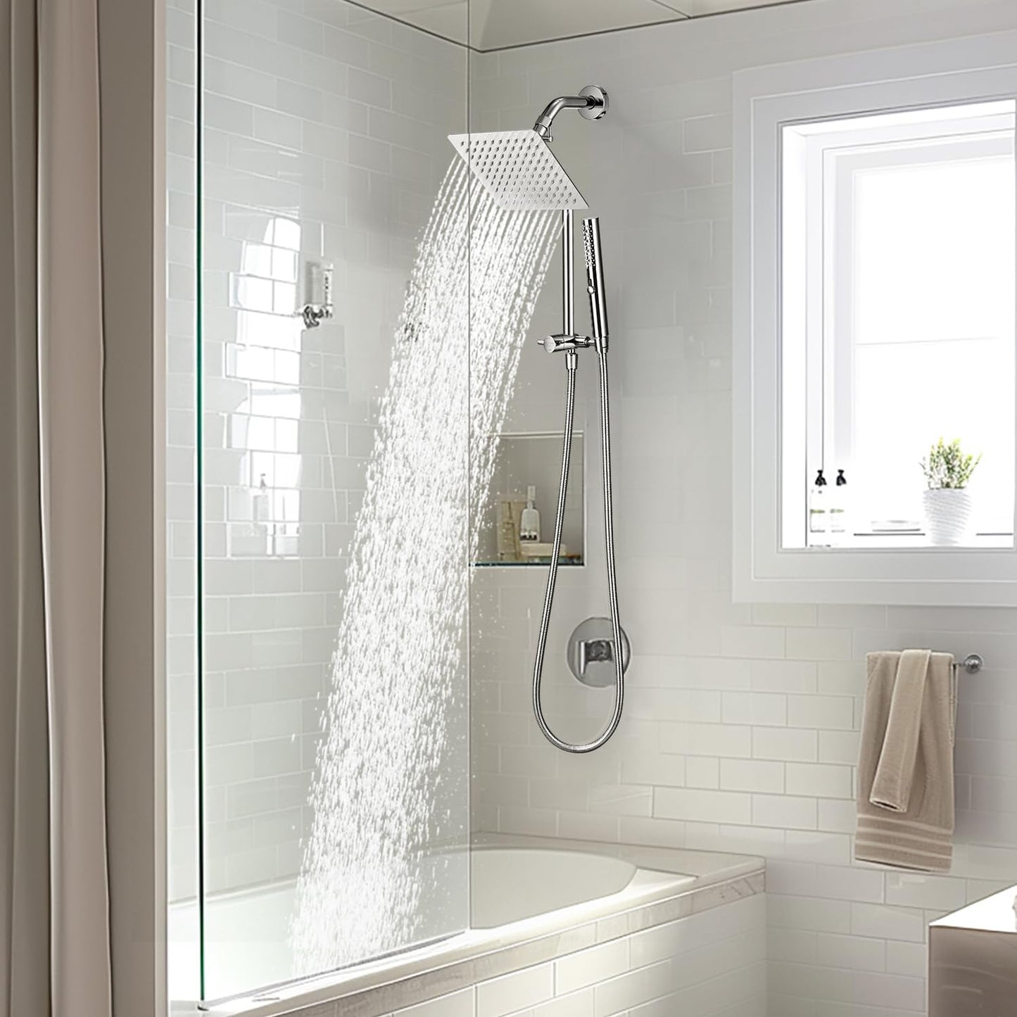 G-Promise All Metal Shower Diverter with Low Holder, Extended 13.5 Inch, Includes Rain Shower head, 3-Function Hand Shower with Massage Mode, Stainless Steel Long Hose (Chrome)