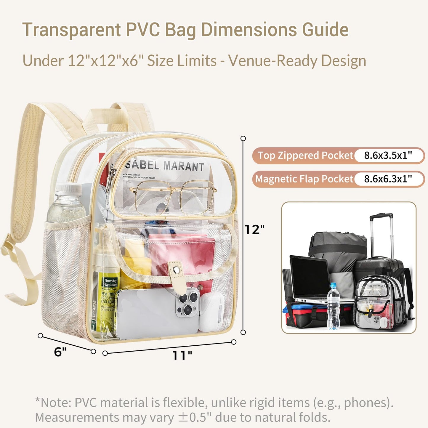 SPODEARS Sports Fan Small Clear Backpack for Stadium, Concert, Festival & More - Multi-Pocket Design, Reinforced & Wider Shoulder Straps, Beige