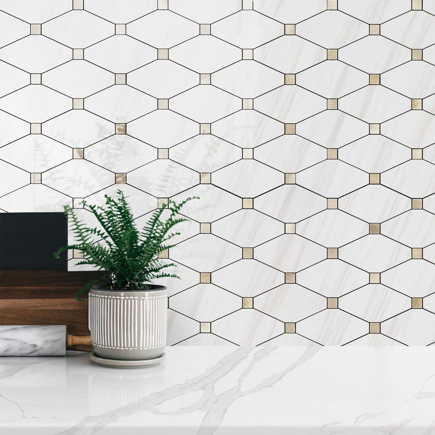 STICKGOO 1 Sheet Peel and Stick Backsplash, Polished Dolomite PVC Mixed Metal Gold Kitchen Backsplash, Stick on Backsplash Wall Tiles for Kitchen, Bathroom, RV