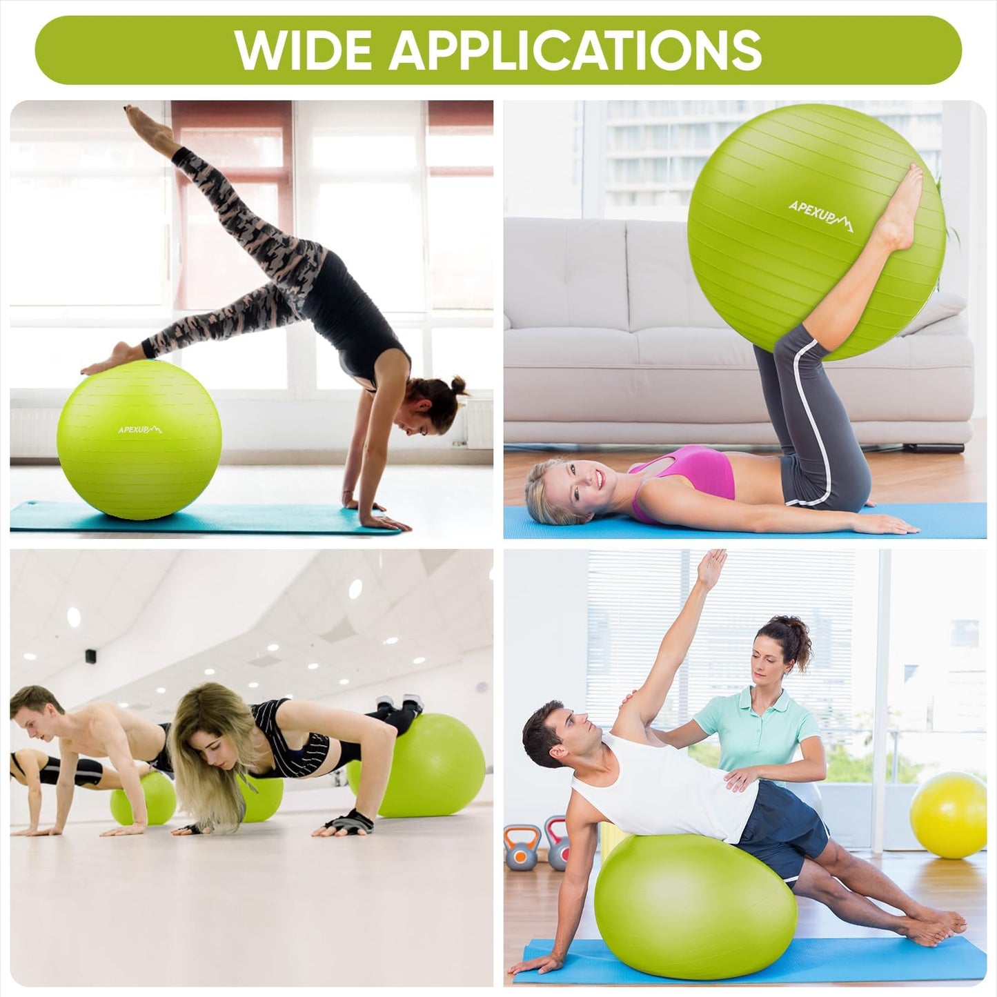 APEXUP Yoga Ball, 660 lbs Anti-Burst Exercise Ball with Pump, 5 Sizes (L (23"~26") 65cm, Green)