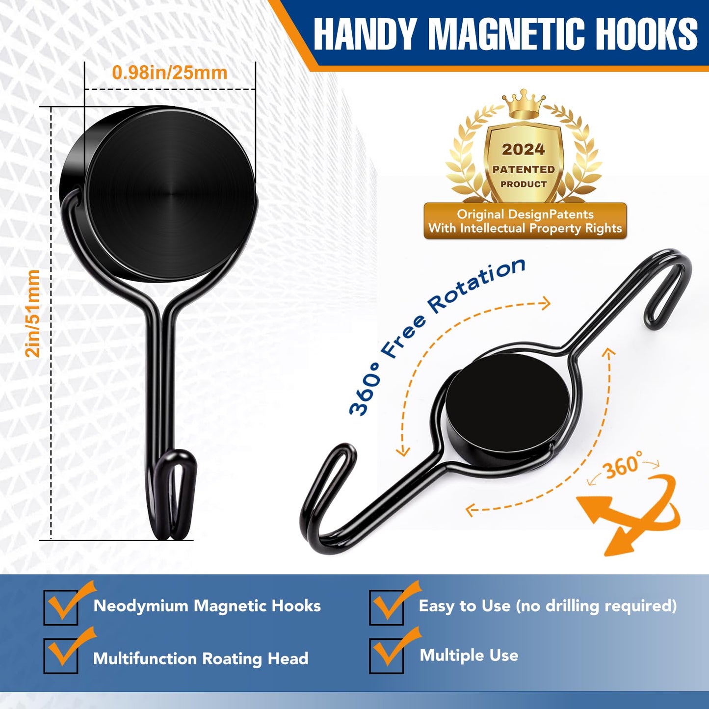 TRYMAG 80LBS Magnetic Hooks Heavy Duty, 6 Pack Strong Swivel Swing Magnetic Hooks for Cruise, Black Extra Neodymium Magnet Hook for Hanging, Magnets Hanging Hooks for Refrigerator, Grill, Locker