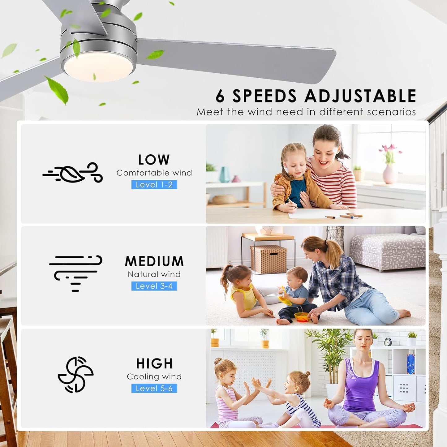 46” Black Low Profile Ceiling Fan with Lights & Remote Control - Dimmable, Noiseless, Reversible for Bedroom