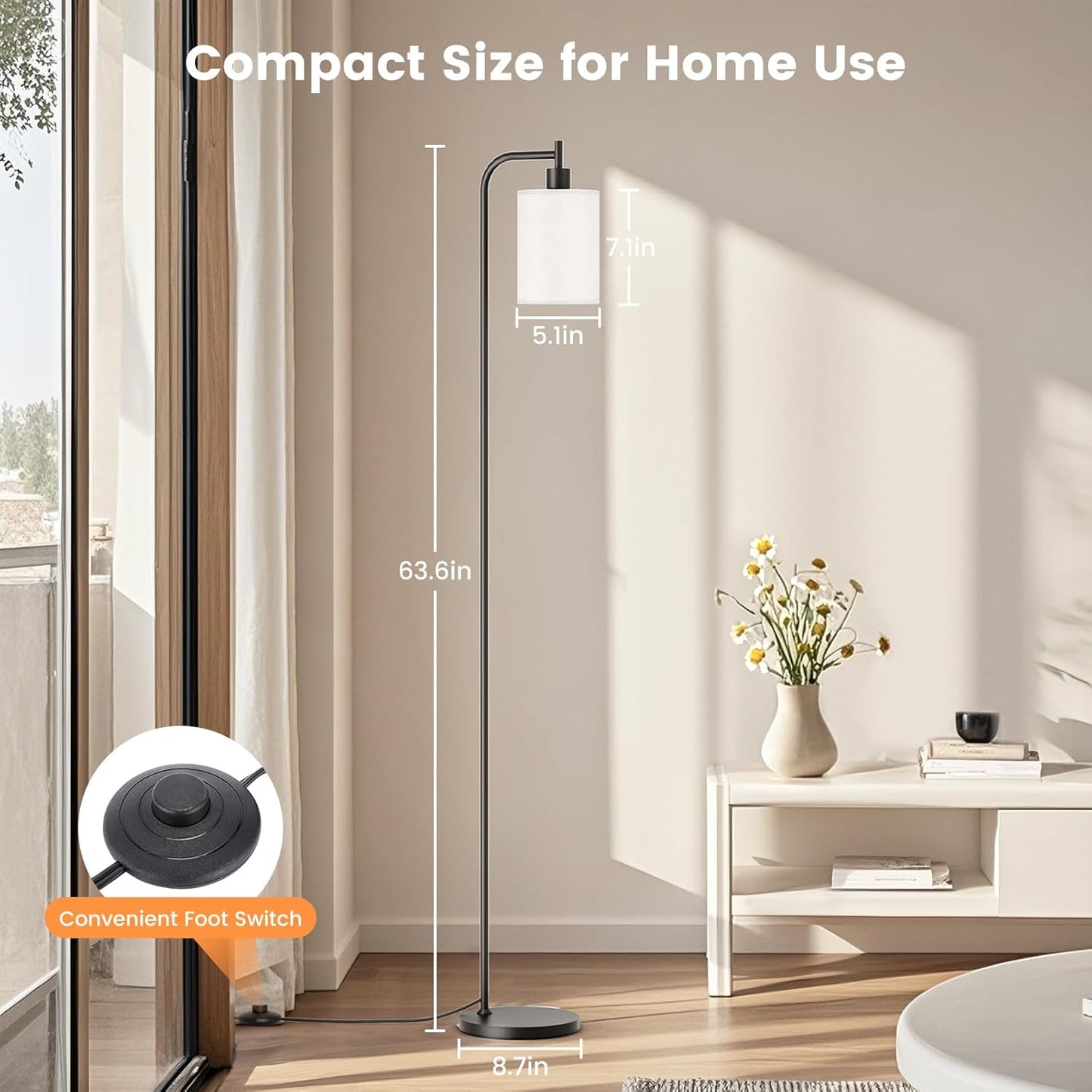 Dimmable Floor Lamp with Linen Shade & Remote Control - Modern 9W LED Standing Lamp for Living Room, Bedroom, Office