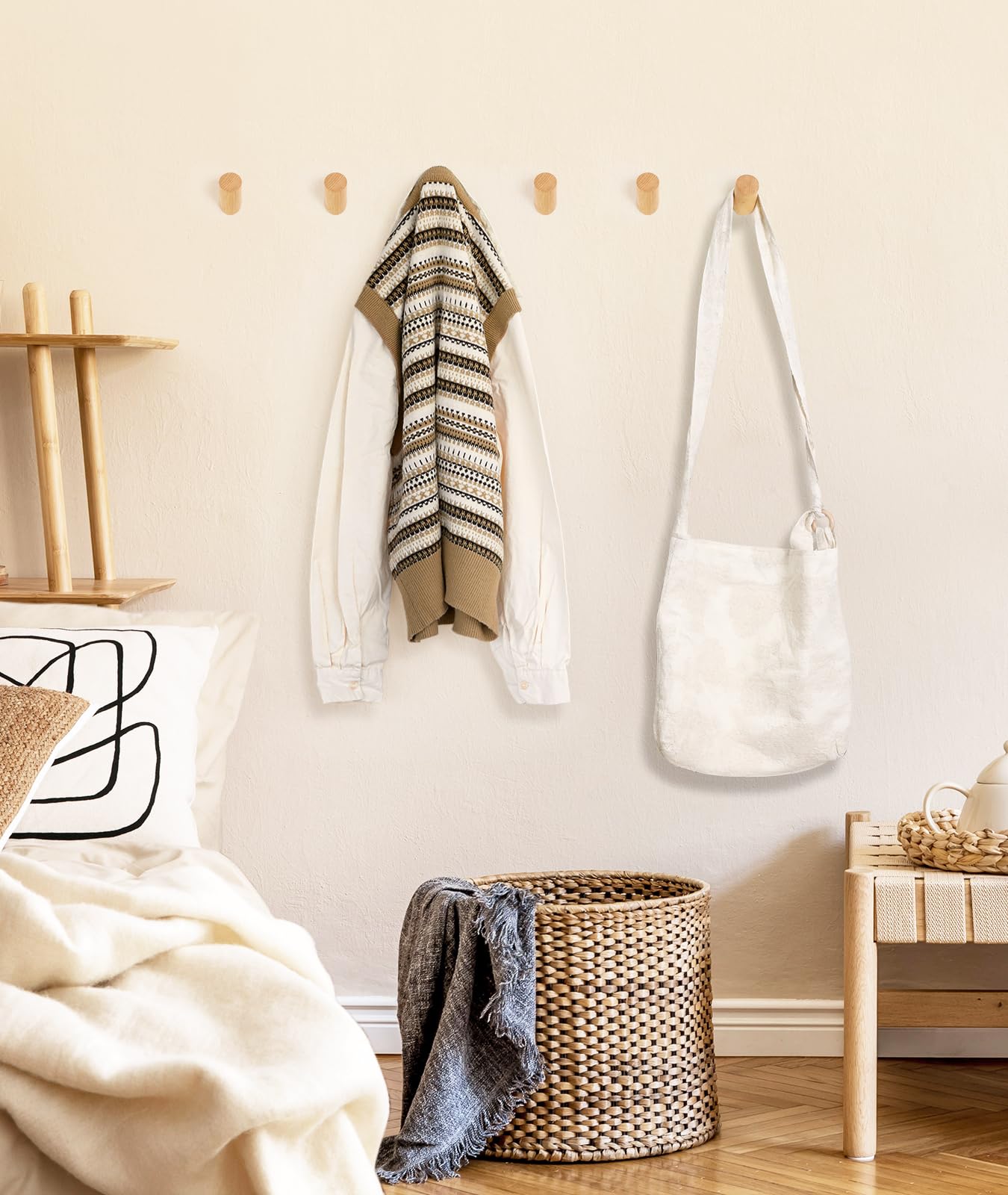 Optish Wood Wall Hooks for Hanging, 4 Pack Hat Hook for Walls, Coat Hook Wall Mount, Backpack Hooks for Walls, Bathroom Towel Hanger (Natural)