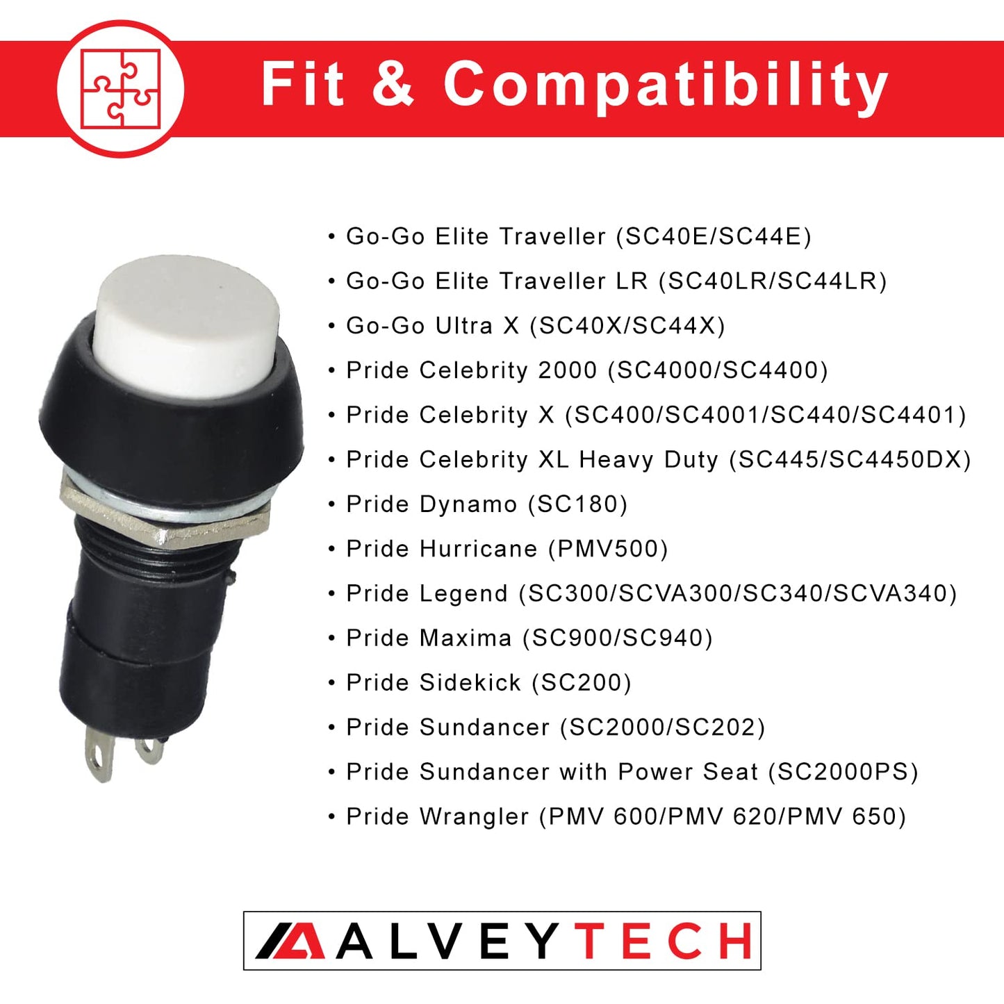 AlveyTech White Horn Button for Go-Go & Pride Mobility Scooters - Replacement Scooter 2-Pin Horn Button Momentary Switch, Direct Fit for GOGO Ultra X, Retro Fit Elite Traveller Series (SWTPSHB1000)