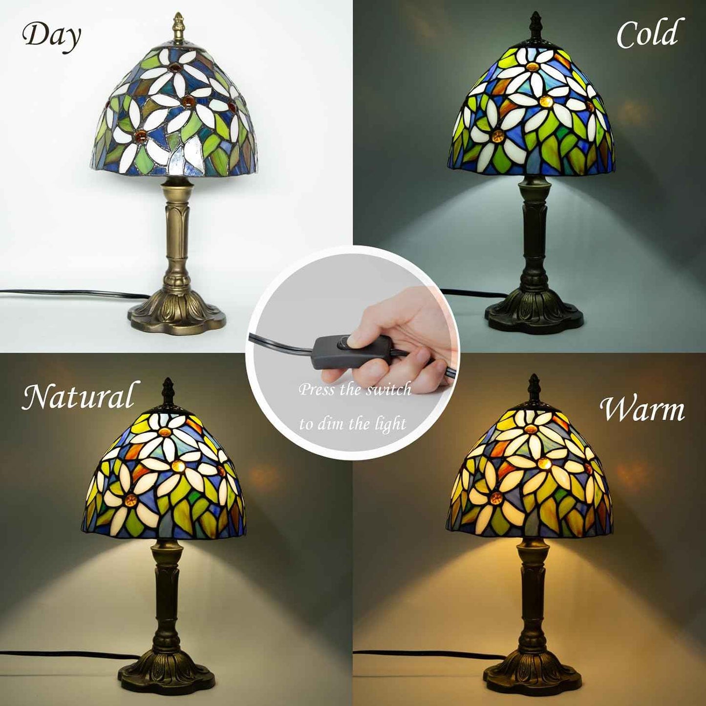 Tiffany Table Lamp - 8 Inch Antique Stained Glass, 3 Color Temperatures, Handcrafted for Bedroom & Living Room