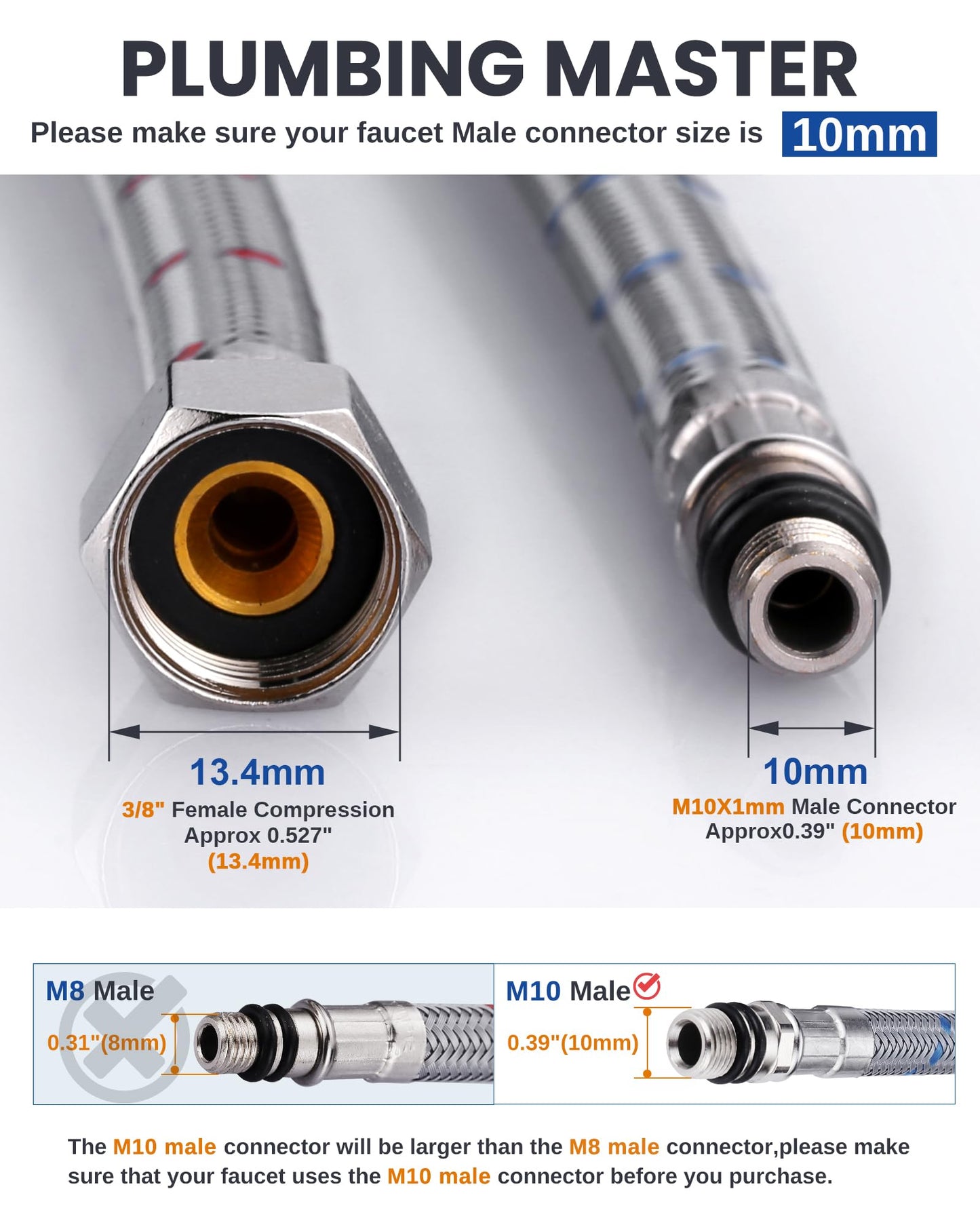 WOWOW 16" Length Faucet Supply Line, Bathroom Kitchen Faucet Lines Braided Nylon Sink Hose,cUPC Faucet Supply Lines 3/8" Female Compression Thread × M10 Male Connector 2Pcs (1 Pair)