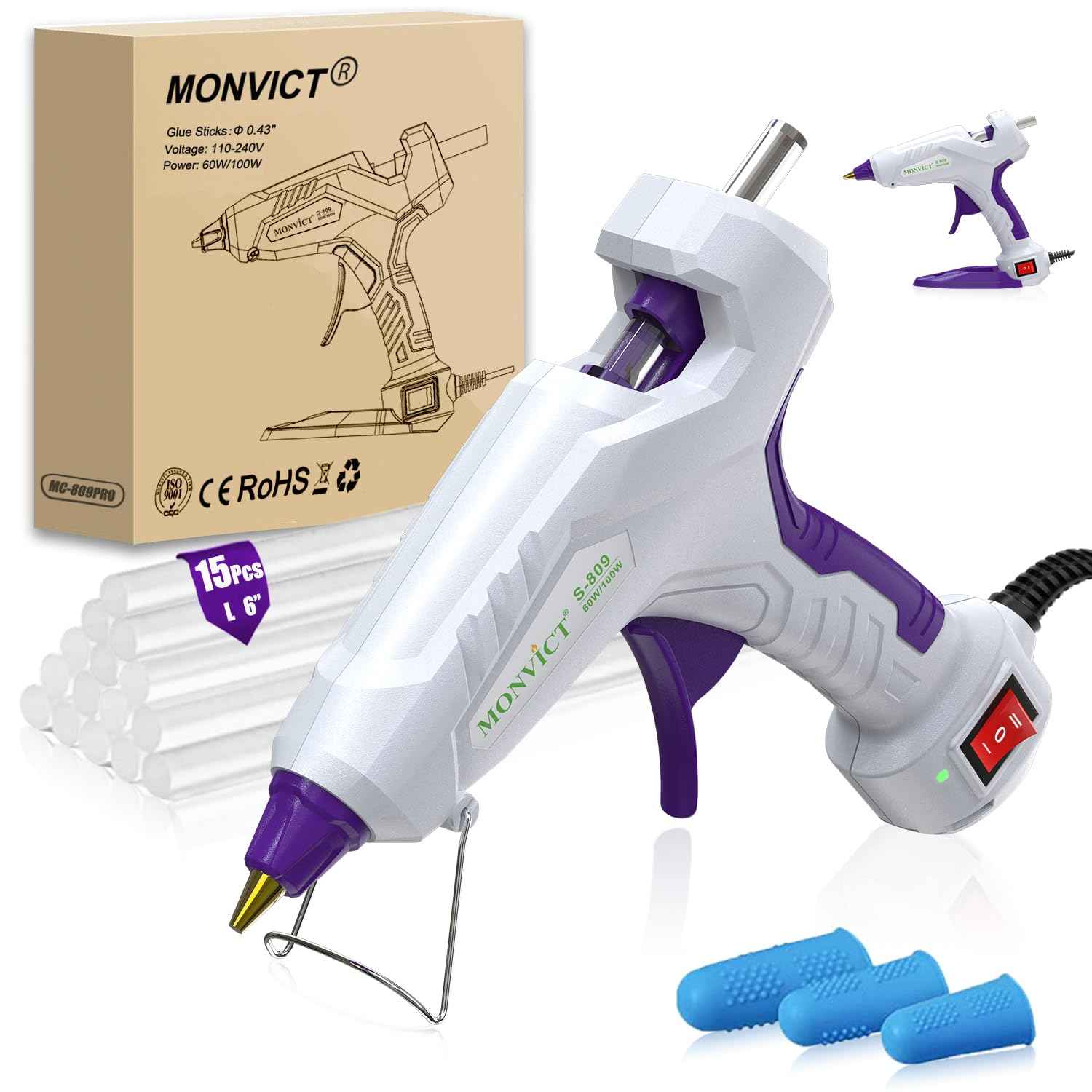 MONVICT Full Size Hot Glue Gun with 60/100W and On/Off Switch, Dual Temp Heavy Duty Industrial Hot Melt Glue Gun with 15 Hot Glue Sticks (7/16") and 3 Finger Protectors for Craft, DIY and Repairs