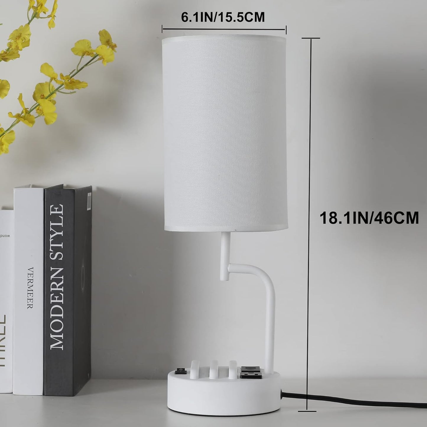 Modern Table Lamp with 3 USB Ports & AC Outlet - Set of 2 Bedside Desk Lamps in Silver