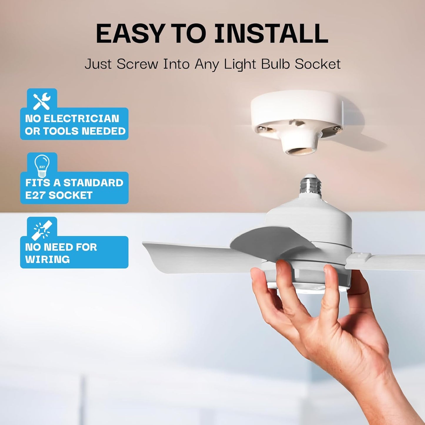 Socket Breeze Ceiling Fan with Light & Remote - Portable 3500K 1000 Lumens E26/E27