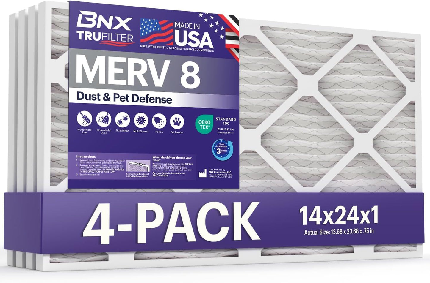 BNX TruFilter 12x12x1 MERV 8 Air Filters (6-Pack) - USA-Made Dust & Pet Defense for HVAC