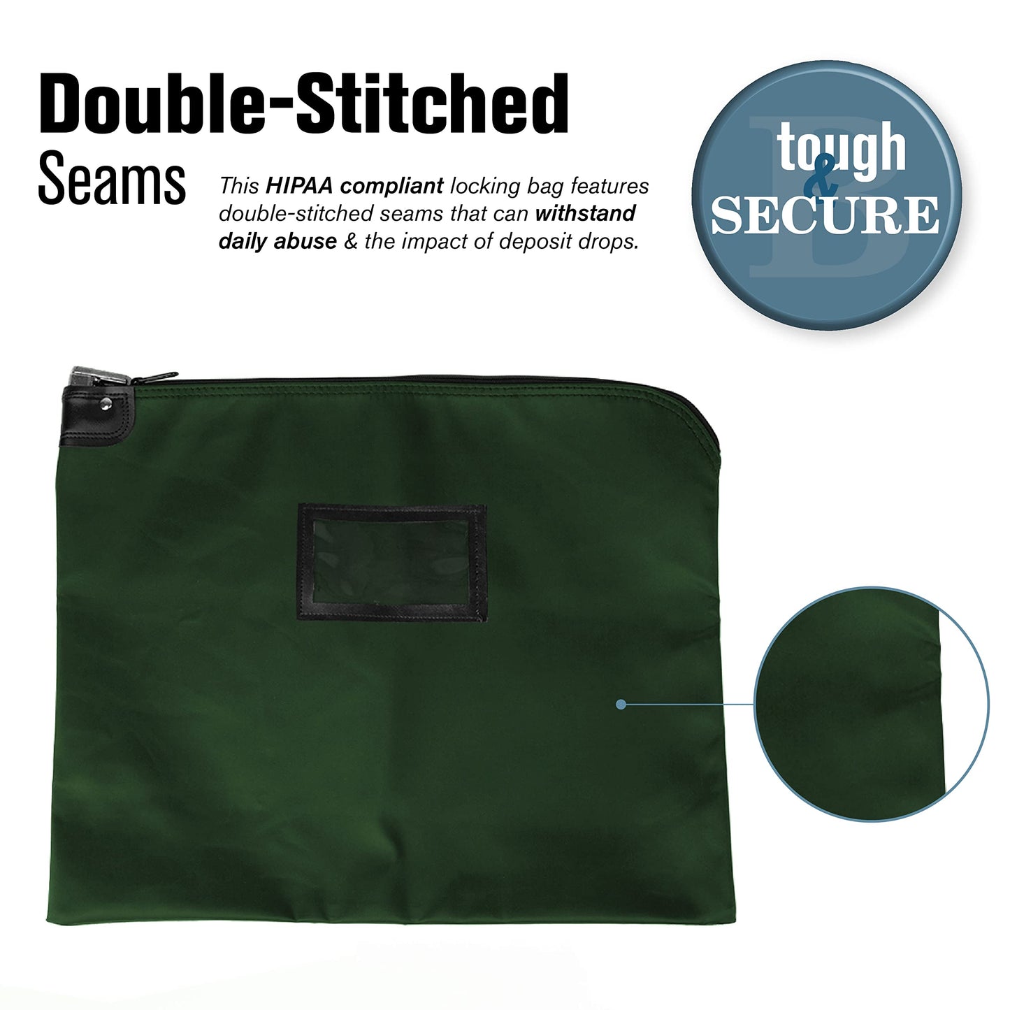 BankSupplies HIPAA Locking Courier Bags - Forest Green - 19W x 15H - Durable Laminated Nylon Fabric - Metal Pop Up Lock - For Money, Coins, Currency, Checks, & Documents