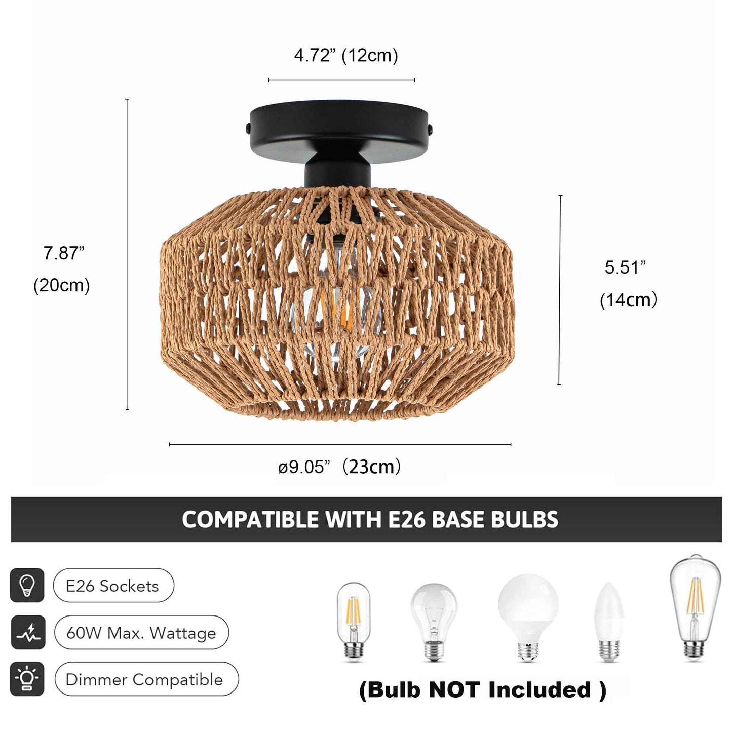 Mini Rattan Boho Ceiling Light Fixture, Small Woven Semi Flush Mount Ceiling Light, Wicker Light Fixture Hallway,Laundry Room, Closet,Nursery E26 1 Light