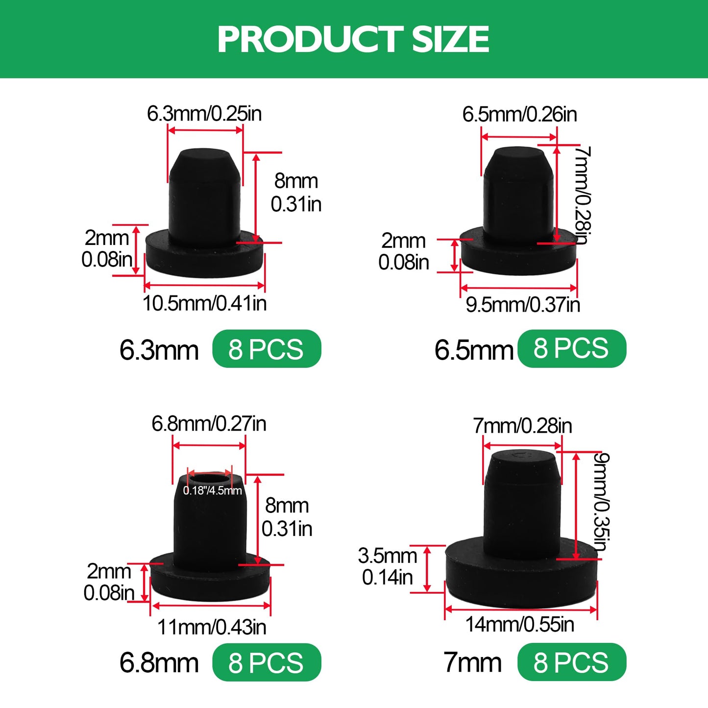 EASYEAH 4 Sizes 6.3/6.5/6.8/7 mm T-Shaped Silicone Plugs 1/4 inch Soft Flexible Rubber Stopper in Tube End Cap Cover Waterproof Sealing Hole Plugs for Bottles Pipes, Black, 32 Pcs