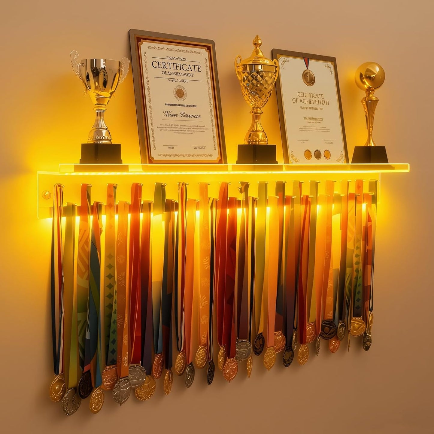 Omhuzsyo Acrylic Medal Hanger Display Rack - Light Up Trophy Shelf for Gymnastics, Running & More | Large 45.2”