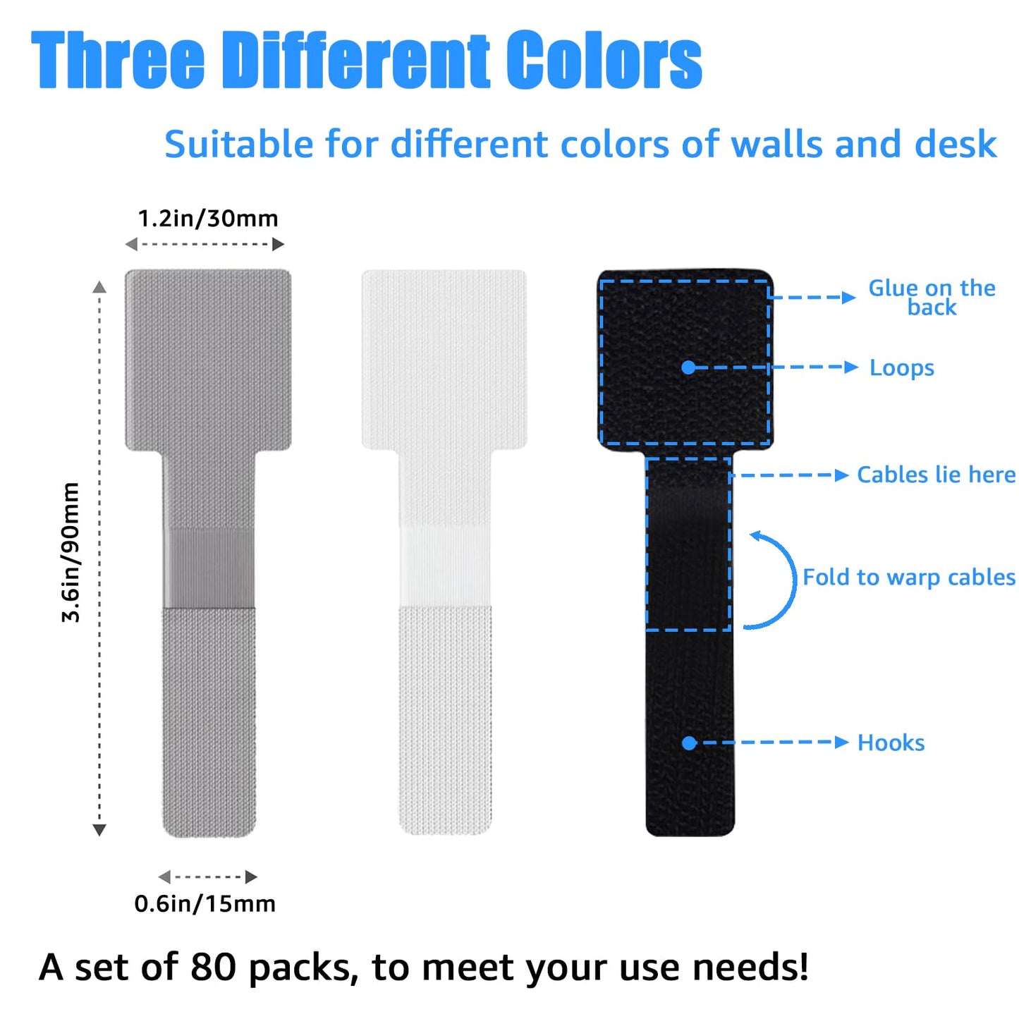 80PCS Hook and Loop Cable Ties, Hook and Loop Cable Straps, Under Desk Cable Management, Adhesive Cable Clips, Sticky-Back Cord Organizer for Desk, Household & Office Organization (Black+White)