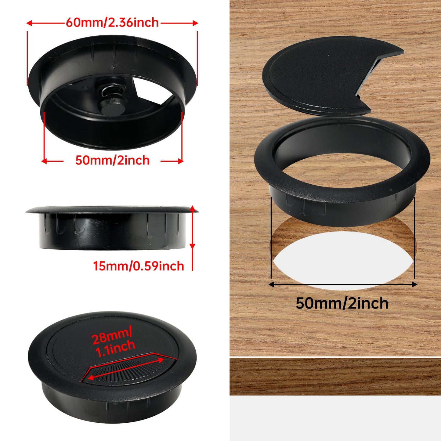 12 Pcs Desk Grommet 2 inch(50mm), Desk Hole Grommet, Cable Grommet, Desk Hole Cover, Desk Cord Hole Cover, Desk Cable Hole Cover with Hole Saw, Desk Wire Hole Insert, Furniture Hole Cover(Black)