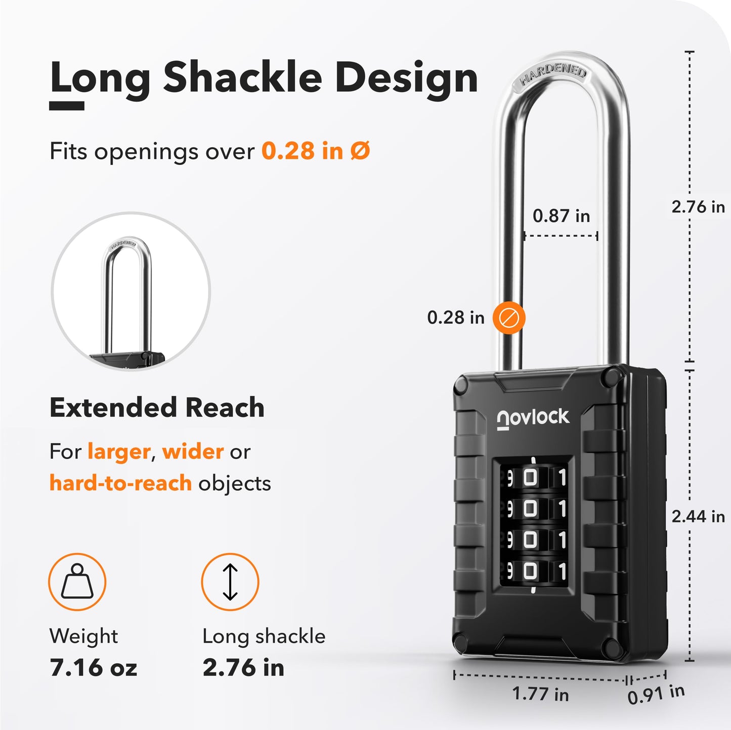 2.76 in Long Shackle Combination Lock | 4-Digit Padlock for Gym Locker, Cabinets, Toolboxes, Gates, Fences, Sheds | 1-Pack, Black
