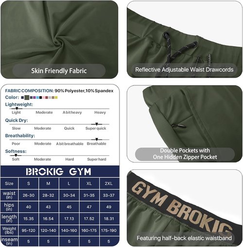 BROKIG Men's Lightweight Gym Shorts - Quick Dry Athletic Shorts with Zip Pocket for Workouts