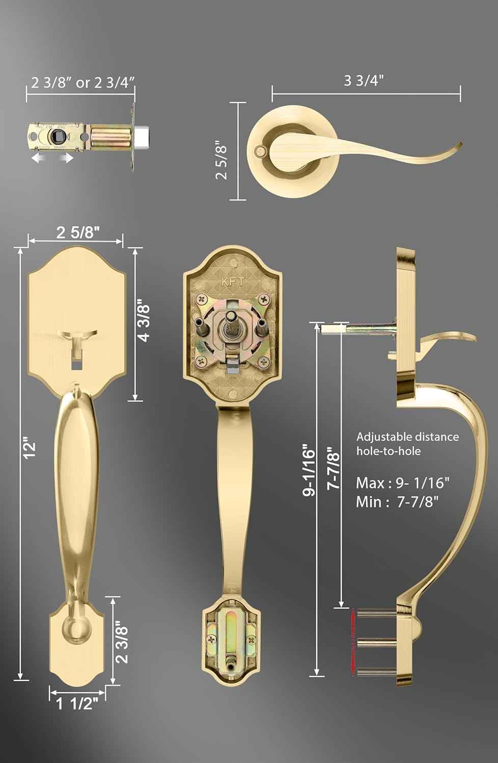 Gold Front Door Handle & Deadbolt Set - Reversible Lever Lock Hardware