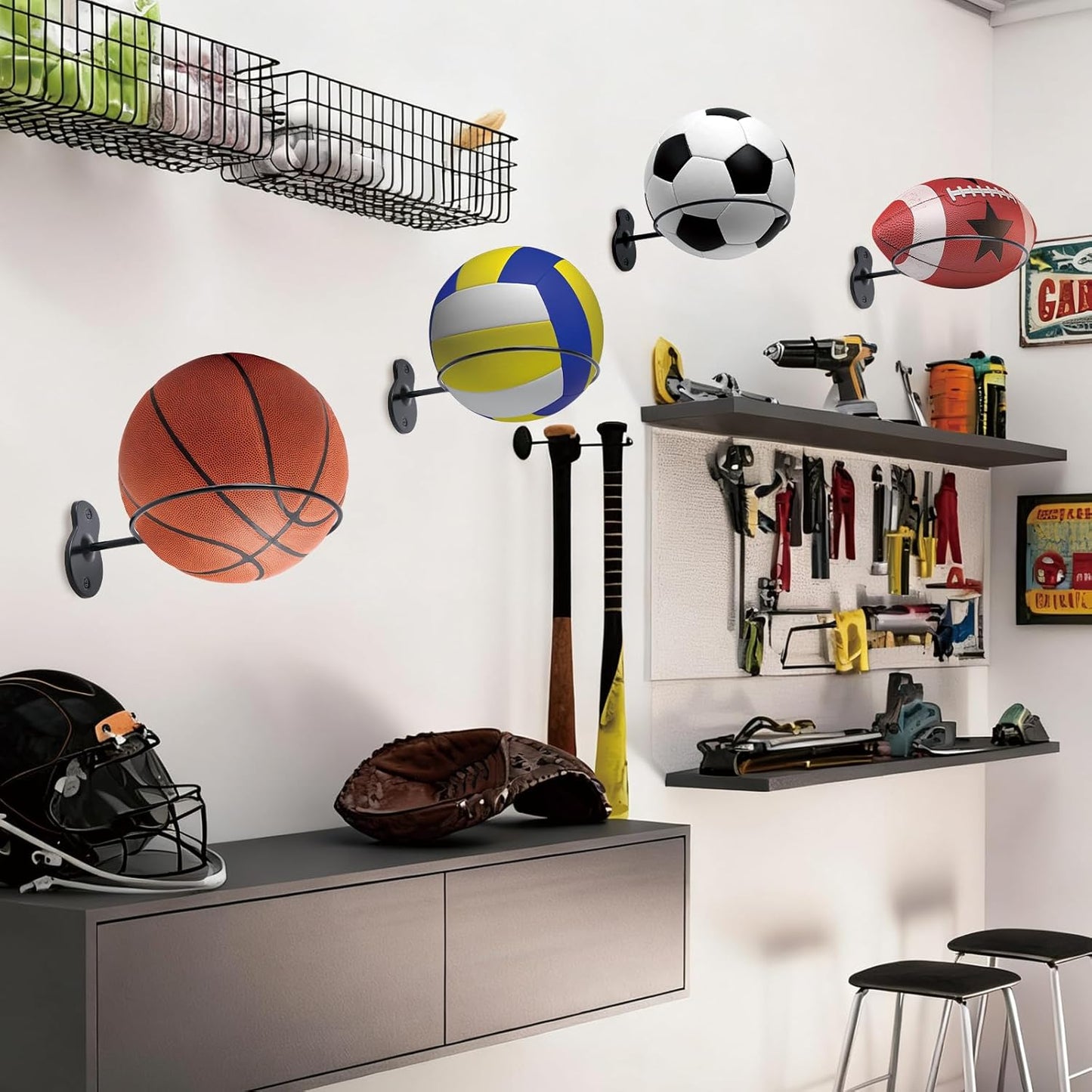 Skiennix Basketball Holder Wall Mount - 7-Inch Metal Ball Storage Rack for Basketball, Football & More | 2-Pack
