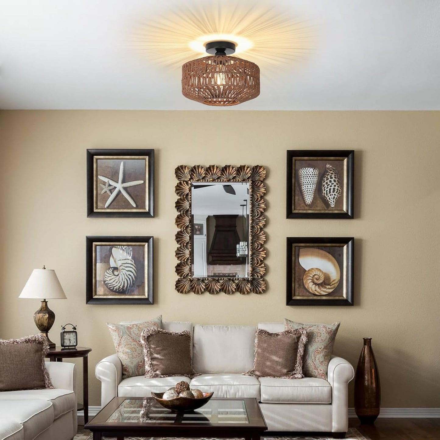 Boho Rattan Chandelier Ceiling Light Fixture with Dimmable LED Bulb - Hand Woven Flush Mount for Hallway, Bedroom, Kitchen & Living Room