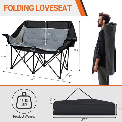 Leadpro Double Camping Chair for Adults - Heavy Duty 700LB Oversized Padded Camping Loveseat, 2 Person Folding Outdoor Chair with Cup Holders for Lawn, Backyard (Grey)